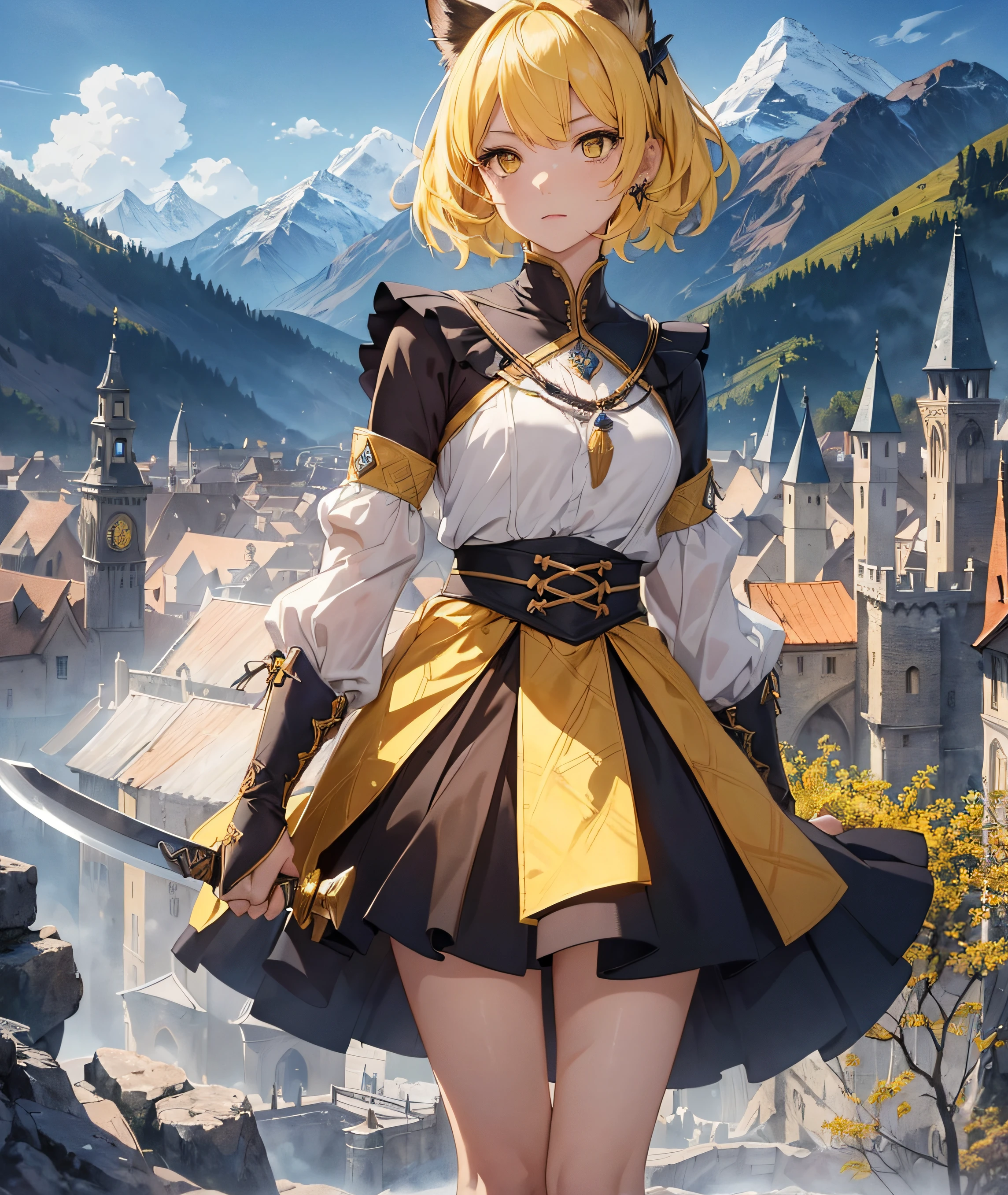 Beautiful detailed girl, Clear and beautiful, Character as the main point of view, radiant skin, girls, femele, young, 20yo, bobbed hair, Short Cut, short-hair, Beautiful detail glass hair, ((Medieval European yellow doubles))Beautiful details, cold face, cold expression, beautiful-detailed eyes, Yellow pupils, Moderate chest, Yellow eyes, Full-fledged skin texture, Very good 8KCG wallpapers, very fine 8K CG wallpaper, watercolor (medium), female warrior, Yellow hair, (((Full-body cut))), Cat's ears, Long knives, ((Medieval European costume color white, Yellow Mix)), Short skirt length, The skirt side part length is long, Skirt side pattern, Skirt back slit, Short on the back of the skirt, Long knives, Traditional sword, Wielding, Attacking Posture, Levitation, (((s whole body))), Show your whole body, (((dark, Dark Night, Deep Night))) ((Sky color: dark blue)) (((Natural Background, mountains, wood))), ((plein air))