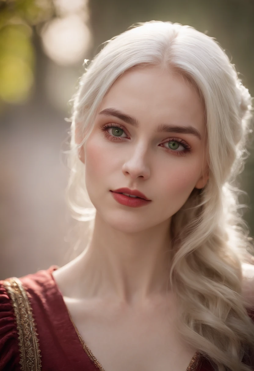 (((a deep reddish wound crosses her left cheek))) fair complexion, woman around 19 years old, natural white hair, distinctive green eyes, wearing kohl, slender and graceful, beautiful, candlelight in a medieval setting, ultra sharp focus, realistic shot, medieval female clothes, tetradic colors (scar:1.4)