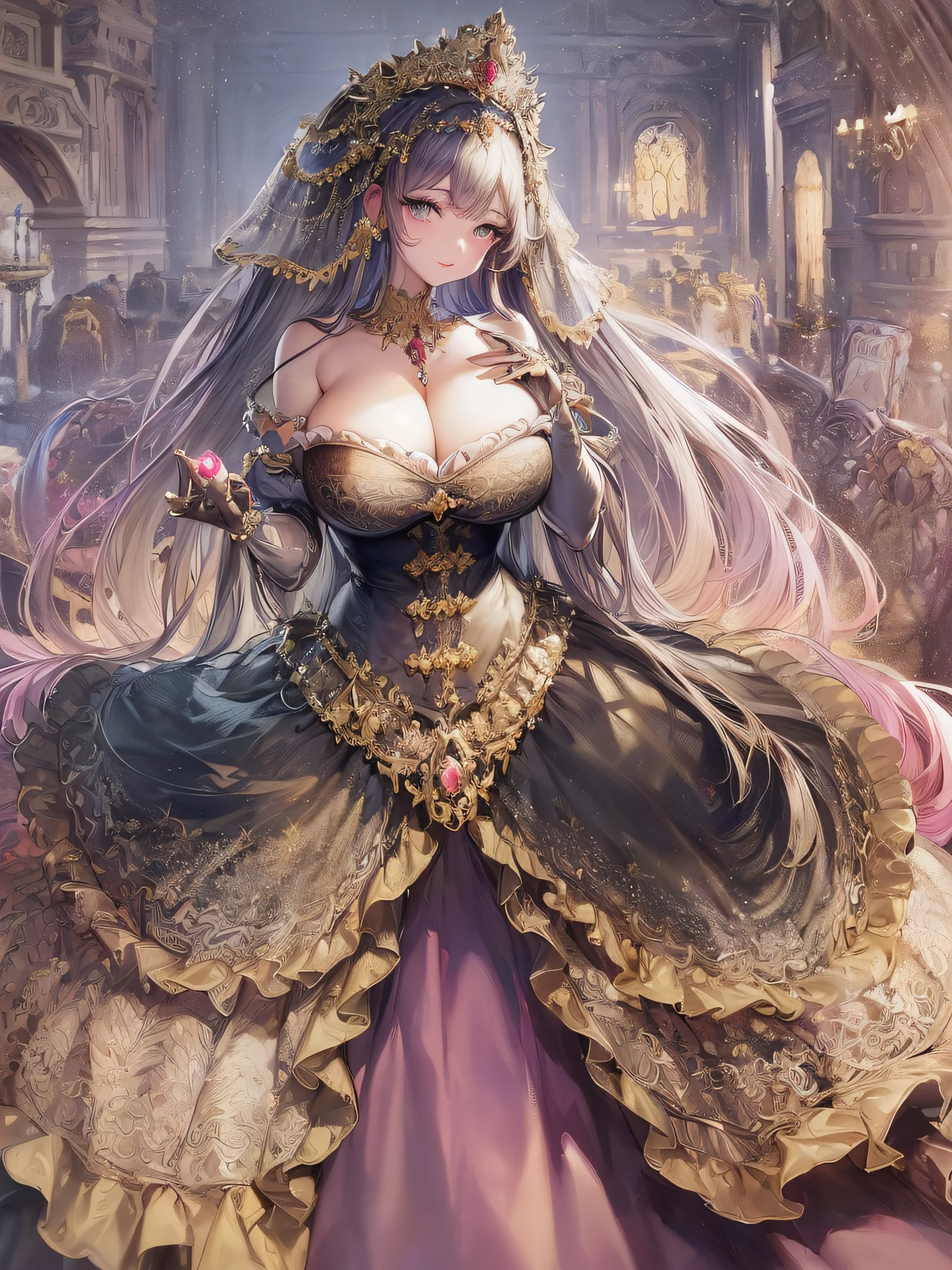 ((anime artstyle)),(Masterpiece),(Best Quality), (Super Detail),(Highly Detailed CG Unity 8k wallpaper),((Very Delicate and Beautiful)),cinematic lighting,1 girl,((full body portrait)),((standing in garden)),((solo)),(((1 fairytale princess in gorgeous embroidery and jeweled extremely gorgeous rococo princess ballgown with voluminous full length hoop skirt))),an hourglass waist,padded and corseted bodice,(((huge crinoline hoopskirt))),long train,((gorgeous embroidery and jeweled)),voluminous frills,See-through,(((extremely gigantic tits,skindentation))),cleavage,((absurdly Long Straight Hair,extremely voluminous Straight long Hair,absurdly Long Straight Hair)),(finely detailed face and eyes),(Blush,Smile),clear pupil,extremely gorgeousfull hair ornament,(bling-bling jeweled extremely gorgeousfull tiara),((bling-bling gorgeous gemstone jewelry)),gorgeous long veil,((ultra long gloves)),(beautiful background),(full body),((gorgeous embroidery and jeweled extremely gorgeous rococo princess ballgown with voluminous full length hoop skirt))
