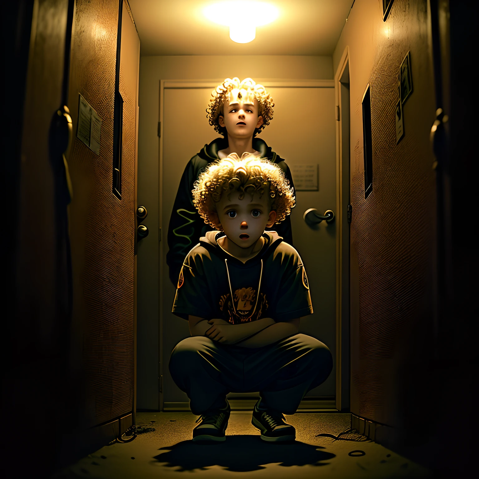 A boy with blond curly hair, in street style clothes, He is crouched in a dark room with giant monsters and demons around him, horror atmosphere, macabre Halloween, 90s cartoon style