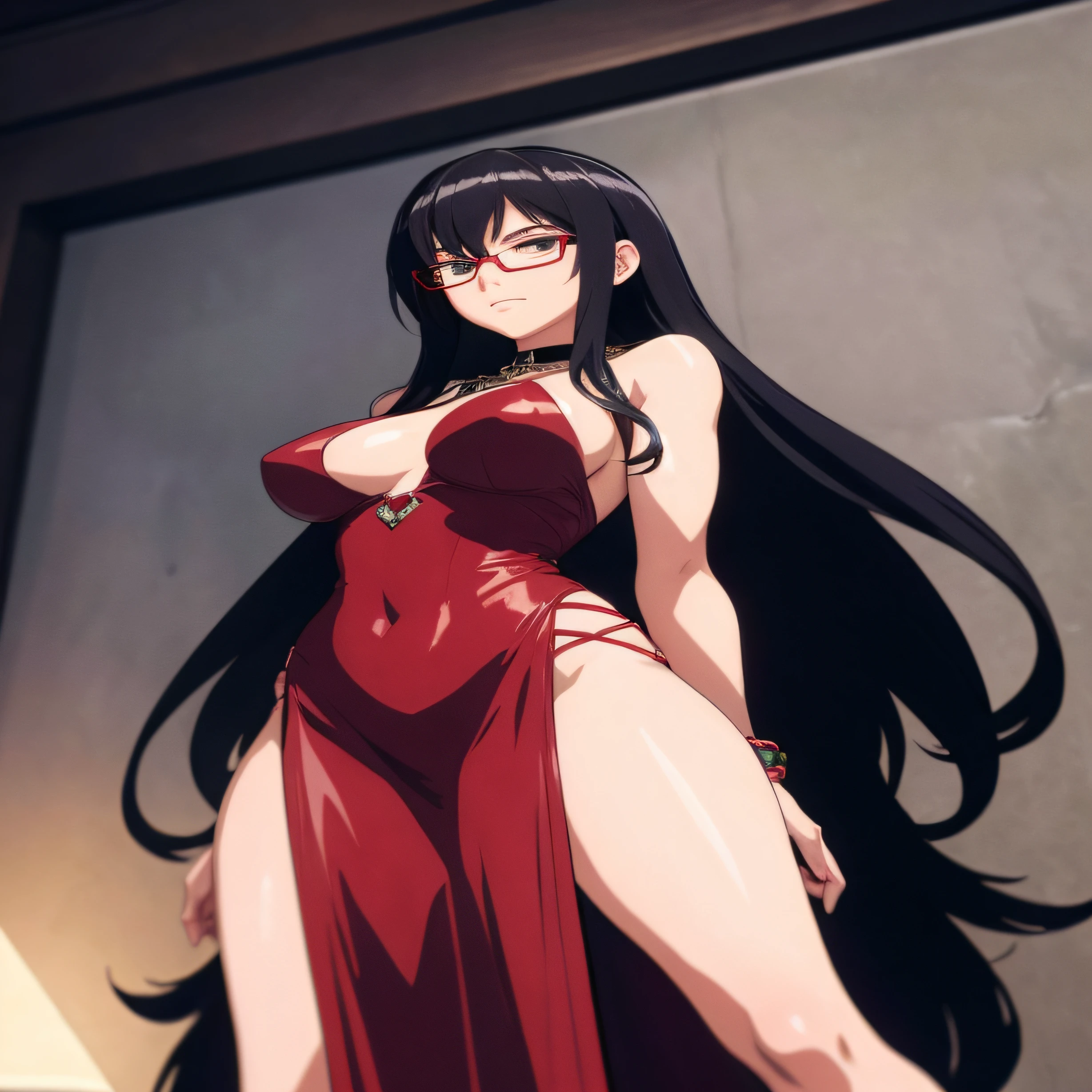 hyperrealism, anime, red/black hair, loose, green eyes, wet Woman with glasses, dress, full body, look from below, detailed and realistic hands, five fingers, soft, a fantasy character with long white hair and chains. in the style of dark brown and dark black, curves, nightcore, trompe-l'oeil illusionistic detail, dc comics, romanticized figures, use of light and shadows, Mysterious