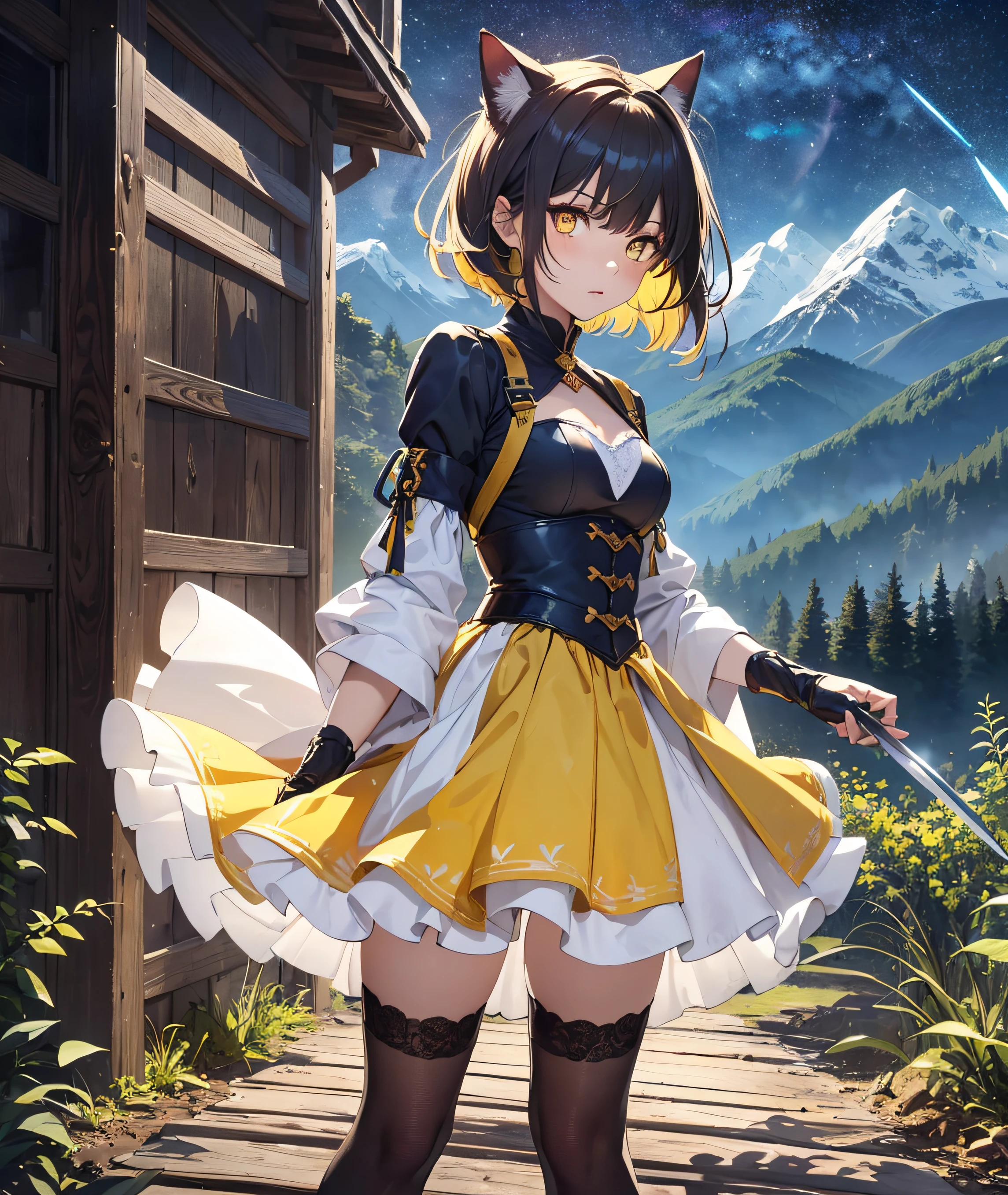 Beautiful detailed girl, Clear and beautiful, Character as the main point of view, radiant skin, girls, femele, young, 20yo, bobbed hair, Short Cut, short-hair, Beautiful detail glass hair, ((Medieval European yellow doubles))Beautiful details, cold face, cold expression, beautiful-detailed eyes, Yellow pupils, Moderate chest, Yellow eyes, Full-fledged skin texture, Very good 8KCG wallpapers, very fine 8K CG wallpaper, watercolor (medium), female warrior, Yellow hair, (((Full-body cut))), Cat's ears, Long knives, ((Medieval European costume color white, Yellow Mix)), Short skirt length, The skirt side part length is long, Skirt side pattern, Skirt back slit, Short on the back of the skirt, Long knives, Traditional sword, Wielding, Attacking Posture, Levitation, (((s whole body))), Show your whole body, (((dark, Dark Night, Deep Night))) ((Sky color: dark blue)) (((Natural Background, mountains, wood))), ((plein air))