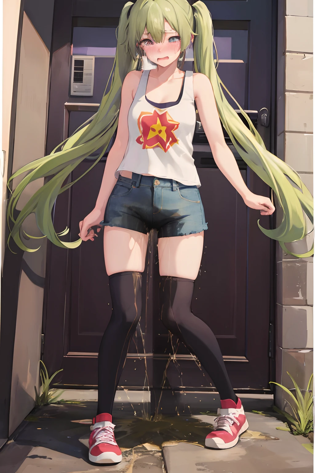 woman, long green hair, twintails, purple eyes, denim shorts, ((peeing stain)), embarassed, blushing, crying, standing, thigh highs, tank top