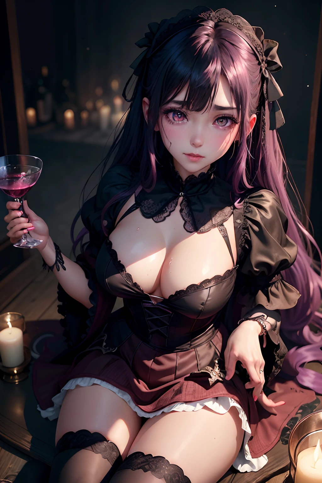 A sexy、A slight smil、garterbelts、knee high socks、panthyhose、Beautifying the world、Unhappy、Lament my night's fantasy、Transcendent beauty、Beautiful shape、wretched、ghosts、wraiths、Evil Spirit、Beautiful、boredom、Unusual beauty、Bewitching、Fornication、Hard Dark Gothic Makeup、Maniacal、Deep night sky、horor、twin-tail hair、Black Dark Eyeshadow、slaves、crying how bright、mourn、Sad songs、Good skin luster、Lace pink、Long hair straight hair、Dark Gothic Makeup、Dark smile、Restless Palace、Expressions of sexual arousal、Fragrant beauty、18year old、carriage、Lying、seductiv、 Strong sexual pleasure facial expressions、A look of shame、open the legs widely、Dark Gothic、Gothic ta、Dark purple hair、masturbation、bell sleeves、Wizard Sleeve、Obscene look、Stained glass background、masutepiece、Best Quality、Ultra-detailed、Refers to 5 books、Sweat glitters on my chest、Glitter of sweat on your face、Glitter of sweat on your thighs、Expression of sexual pleasure in anguish、Sweating profusely、Quite an inebriated face、maid clothes、Gothic Long Dress、Black ruffled skirt、Apply blush on cheeks、Pink atmosphere、Pink hair、