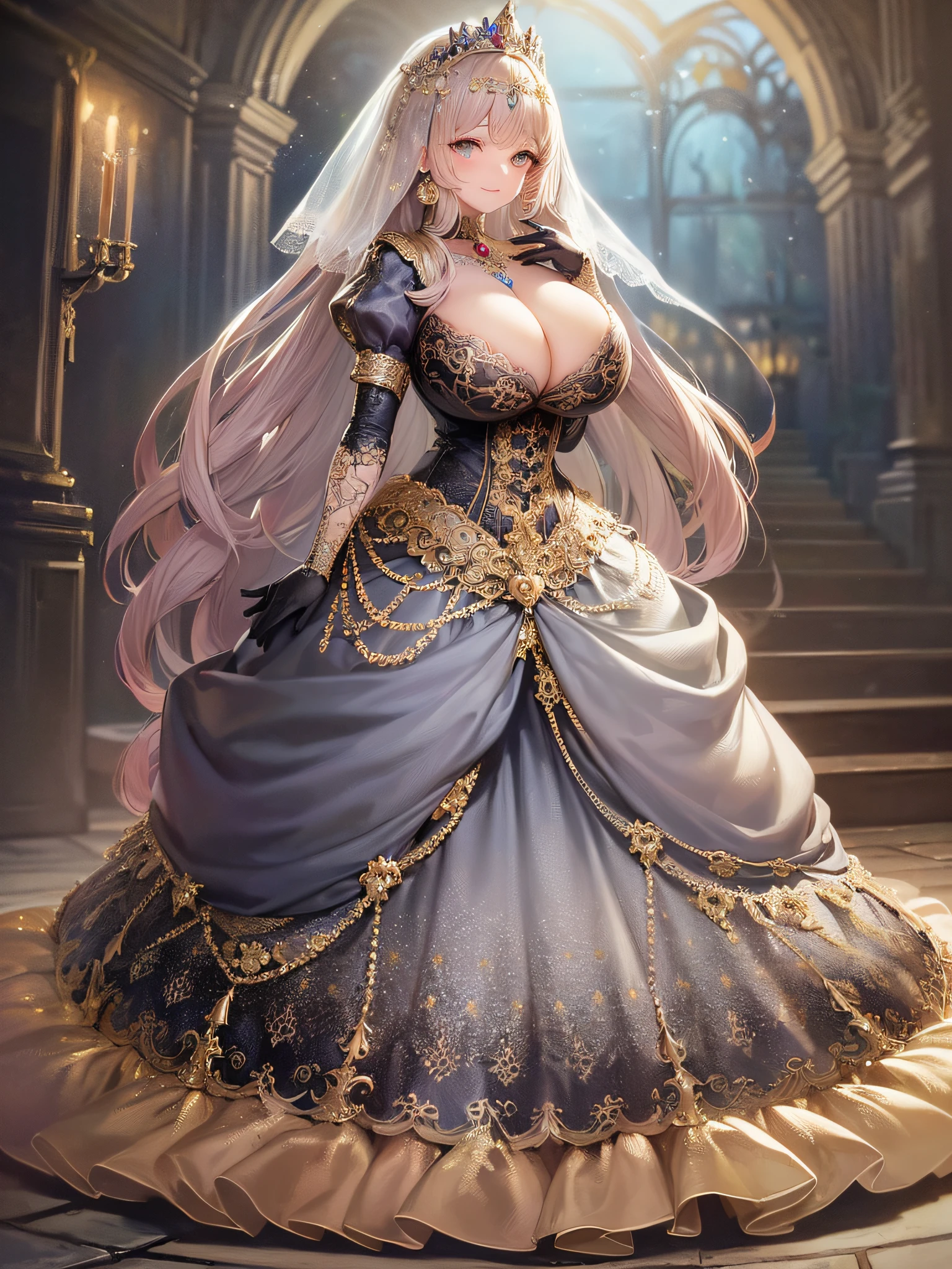 ((anime artstyle)),(Masterpiece),(Best Quality), (Super Detail),(Highly Detailed CG Unity 8k wallpaper),((Very Delicate and Beautiful)),cinematic lighting,1 girl,((full body portrait)),((standing in garden)),((solo)),(((1 fairytale princess in gorgeous embroidery and jeweled extremely gorgeous rococo princess ballgown with voluminous full length hoop skirt))),an hourglass waist,padded and corseted bodice,(((huge crinoline hoopskirt))),long train,((gorgeous embroidery and jeweled)),voluminous frills,See-through,(((extremely gigantic tits,skindentation))),cleavage,((absurdly Long Straight Hair,extremely voluminous Straight long Hair,absurdly Long Straight Hair)),(finely detailed face and eyes),(Blush,Smile),clear pupil,extremely gorgeousfull hair ornament,(bling-bling jeweled extremely gorgeousfull tiara),((bling-bling gorgeous gemstone jewelry)),gorgeous long veil,((ultra long gloves)),(beautiful background),(full body),((gorgeous embroidery and jeweled extremely gorgeous rococo princess ballgown with voluminous full length hoop skirt))