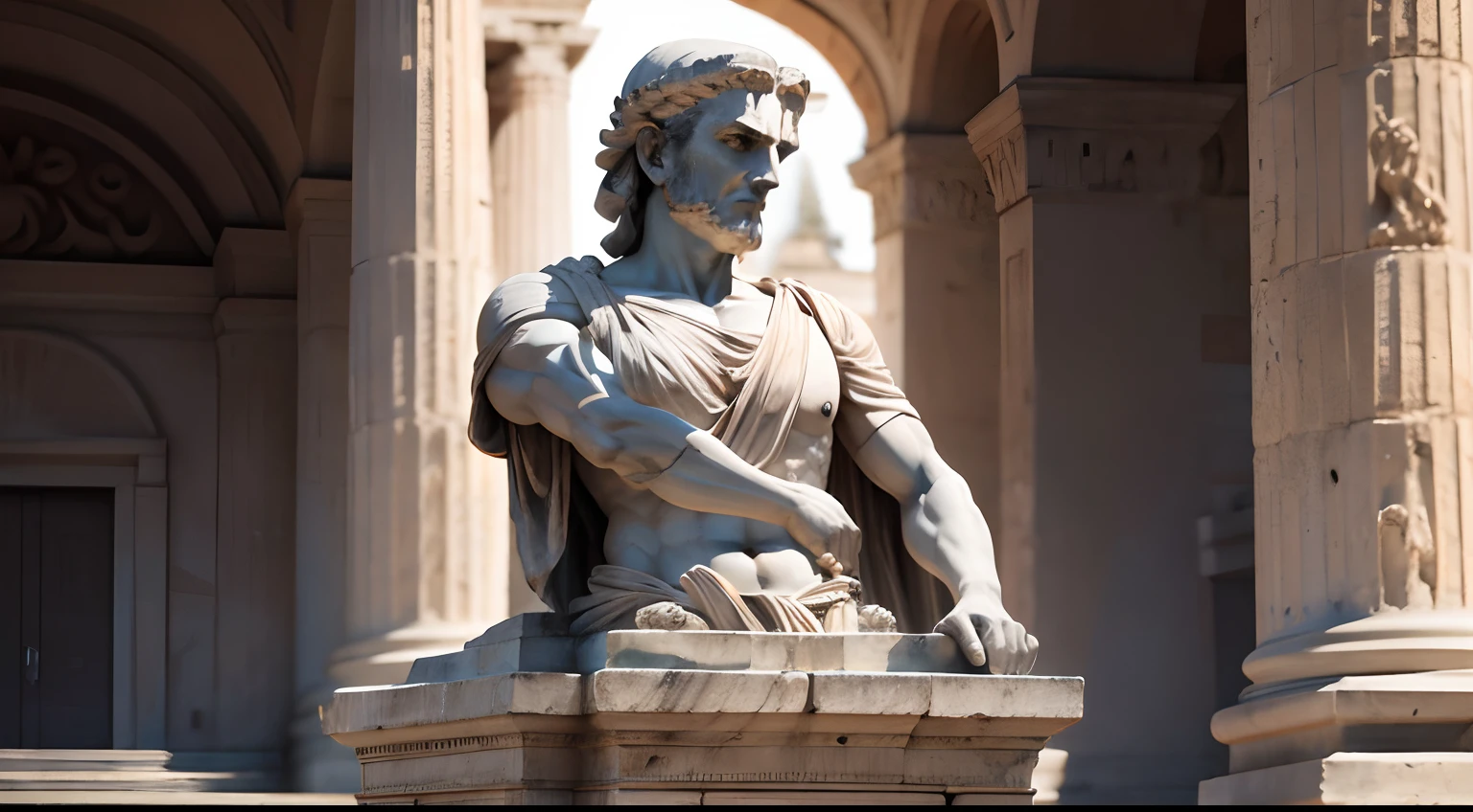 Ancient Greek statue with angry expression, Outside, com rosto extremamente detalhado full body view, Colors with low saturation with dark tone, Filmado em Sony A7S III com Sony FE 35mm f/1.8, 12.1 MP, --AR 3:2 --estilo cru