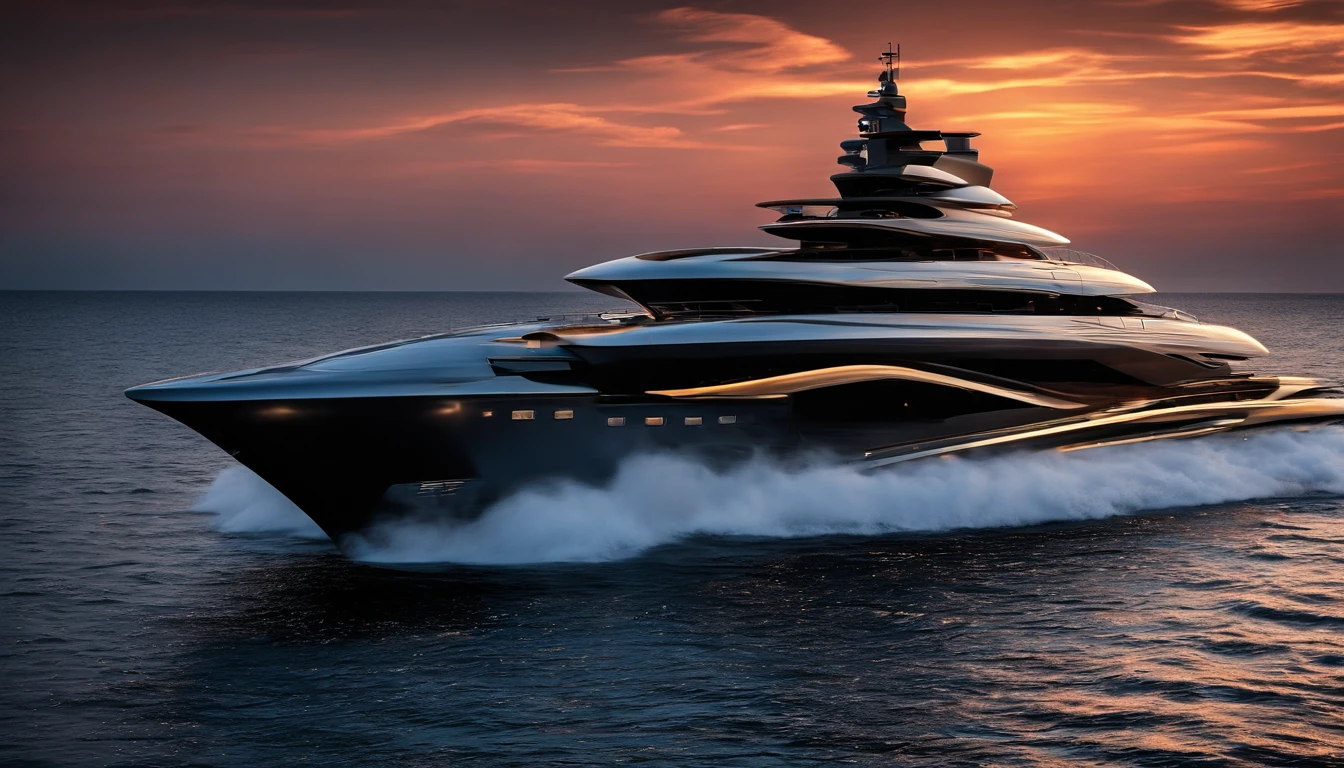 Craft an awe-inspiring photograph of a futuristic luxury yacht captured from underwater, showcasing its elegance and power at sunset. Utilize underwater photography techniques, with the yacht's silhouette against the fiery horizon, inspired by the style of David Doubilet.