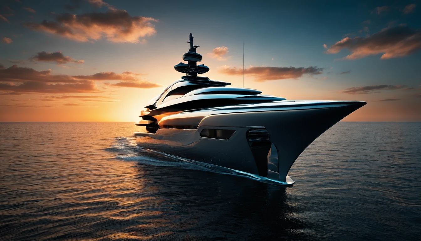 Craft an awe-inspiring photograph of a futuristic luxury yacht captured from underwater, showcasing its elegance and power at sunset. Utilize underwater photography techniques, with the yacht's silhouette against the fiery horizon, inspired by the style of David Doubilet.