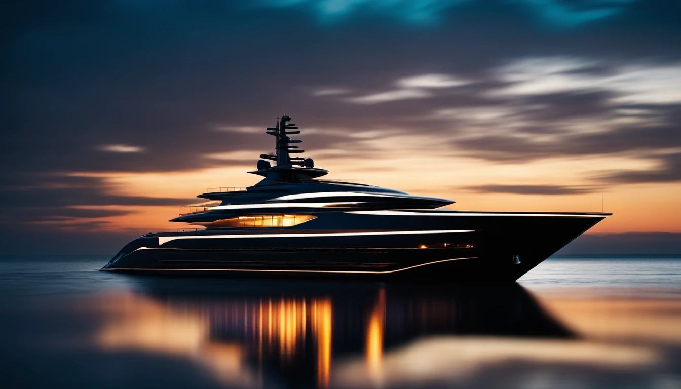 Craft an awe-inspiring photograph of a futuristic luxury yacht captured from underwater, showcasing its elegance and power at sunset. Utilize underwater photography techniques, with the yacht's silhouette against the fiery horizon, inspired by the style of David Doubilet.