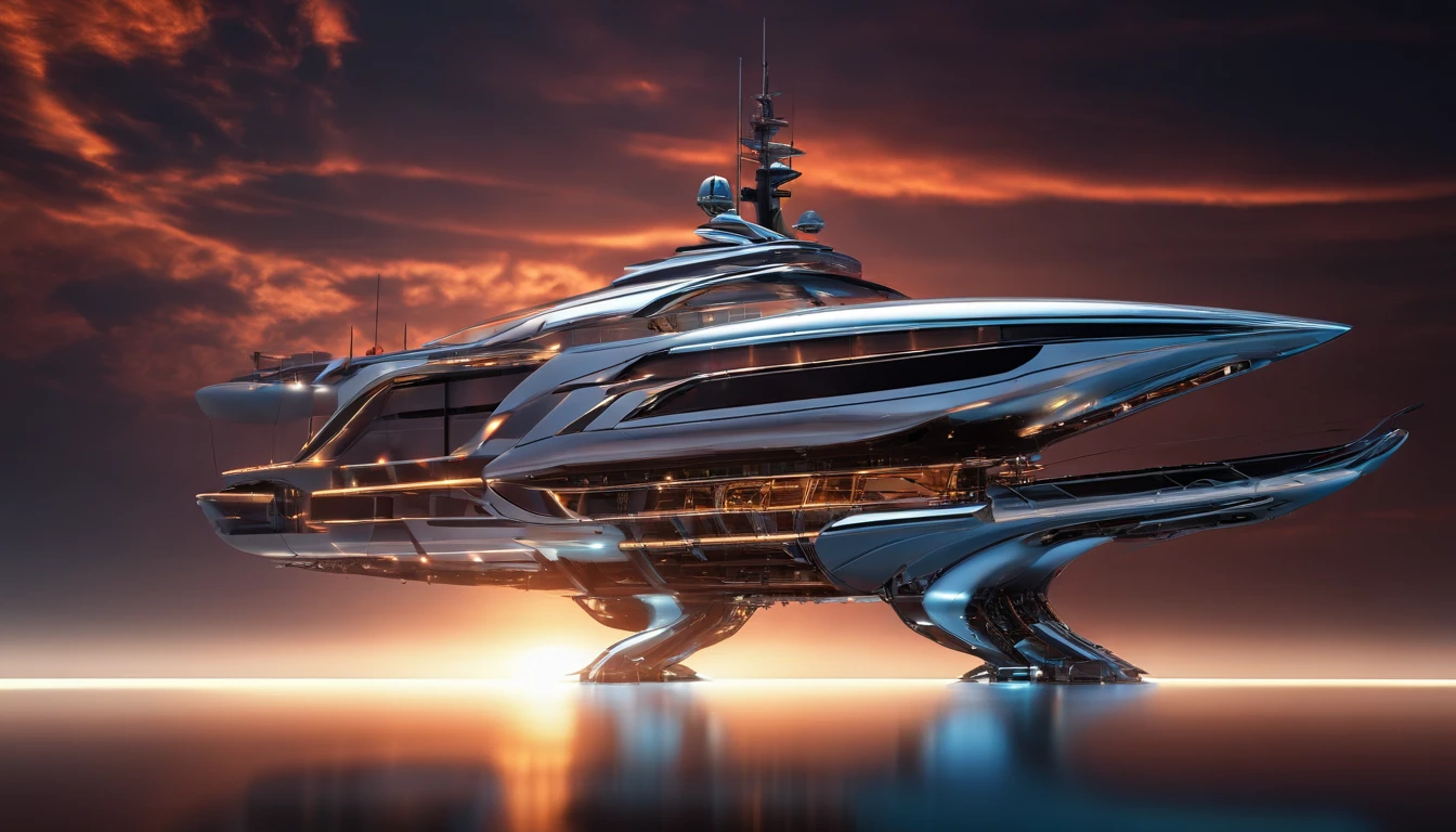 Craft an awe-inspiring photograph of a futuristic luxury yacht captured from underwater, showcasing its elegance and power at sunset. Utilize underwater photography techniques, with the yacht's silhouette against the fiery horizon, inspired by the style of David Doubilet.
