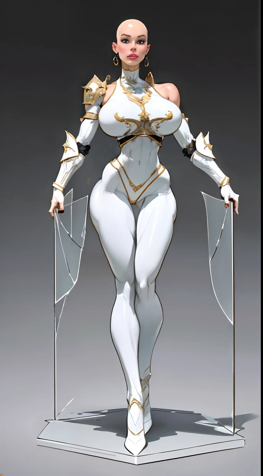 8k ((long neck:1.6))((full body view))((view from below:1.5)),(large eyes:1.3), defined cheekbones, looking back, ((the pit style:1.4))((sleek glass body:1.6)) ((intricate armor details:1.4))detailed face:1.5), perfect skin,(puffy lips:1.5) (pale skin:1.6), (bald woman:1.7), (skinhead) ((???? pose)),(Muscular:1.3), ((????????????????:1.5)), )highly detailed, elegant, digital photography, art by artgerm and ruan jia and greg rutkowski, ((large shoulder pads:1.2)), (masterpiece), sidelighting, intricate details, (((white color palette))), midriff exposed, low rise tights,