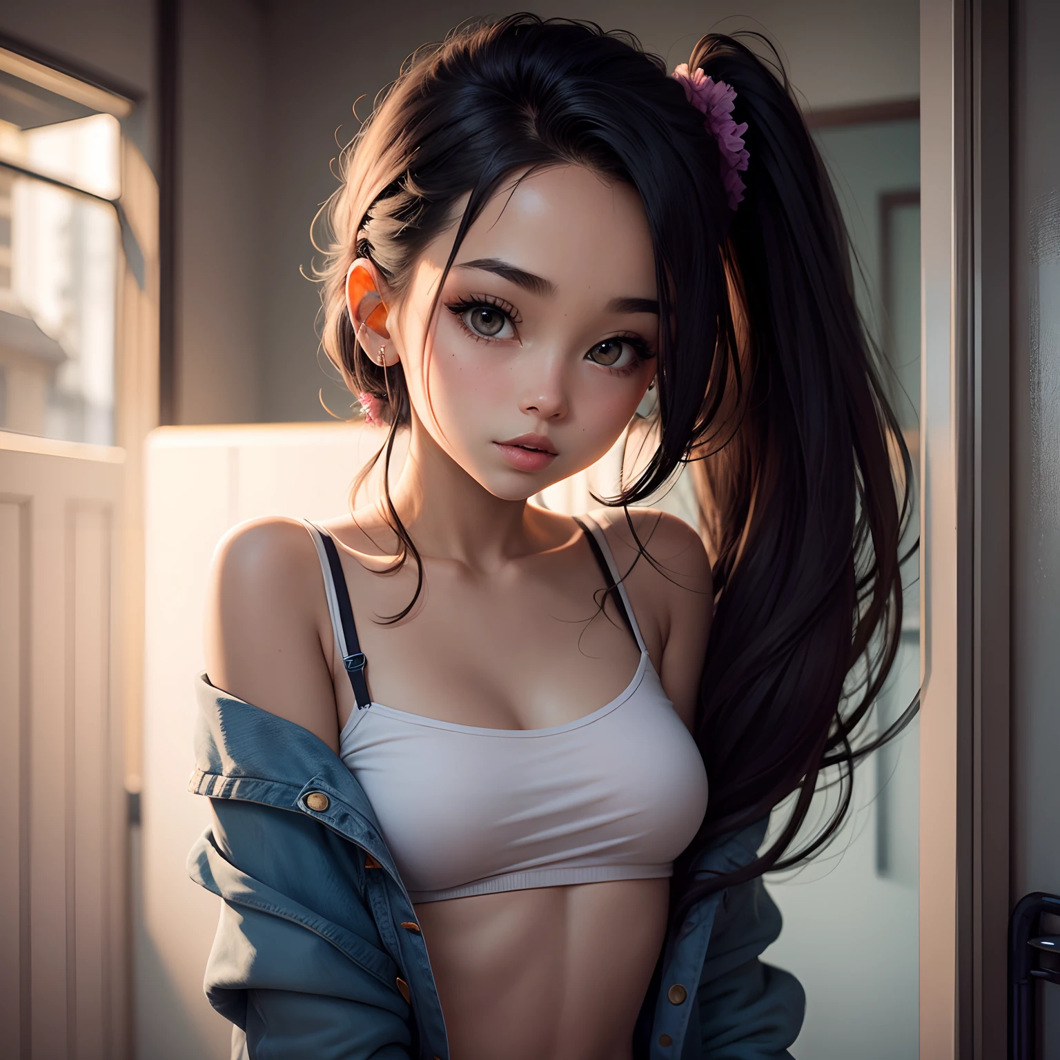 j4bc0m1x_jab, a curvy blue-eyed girl with long wavy black hair, small breasts, nudity, torn tanktop, tits out, mischievous 