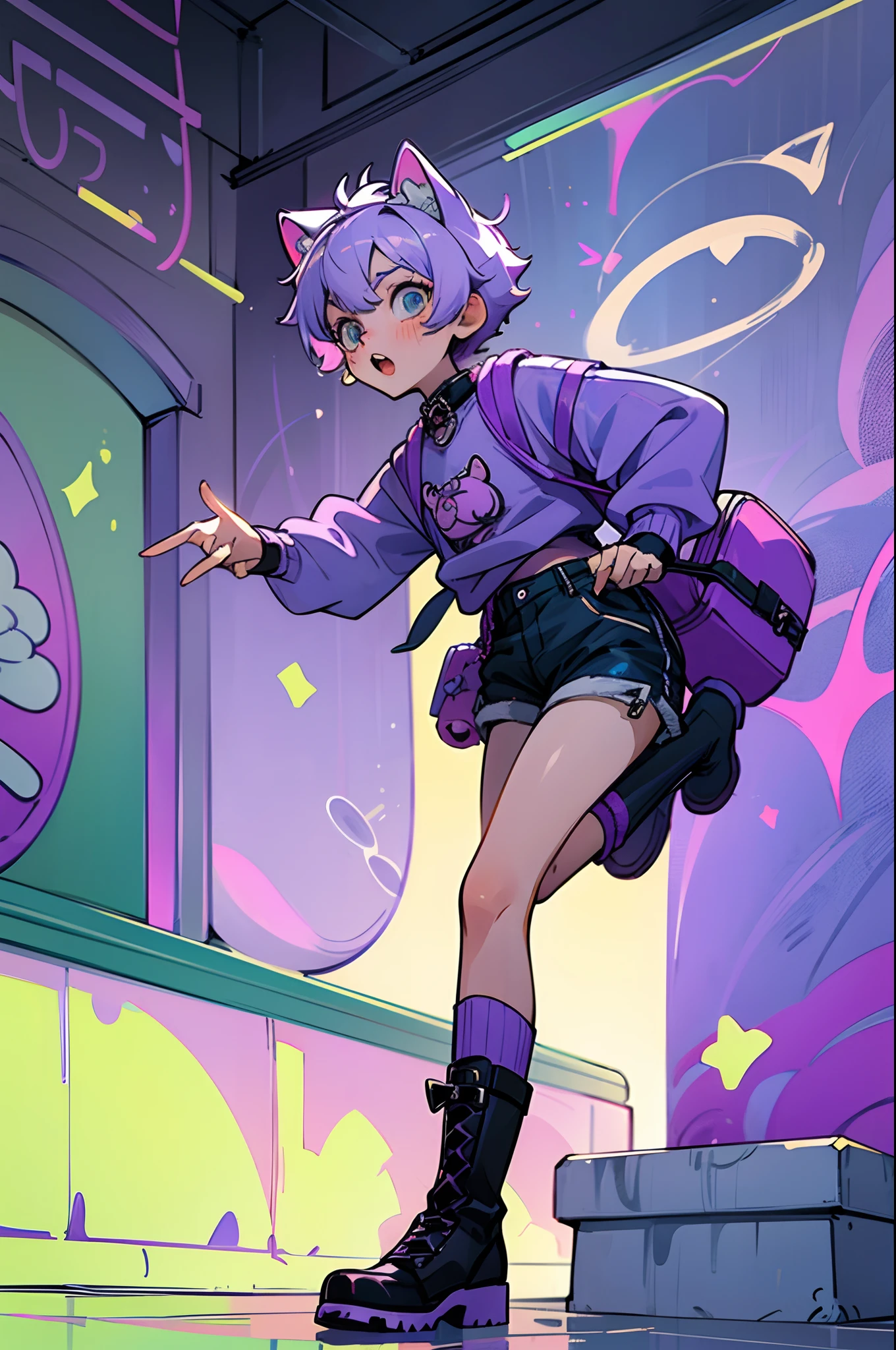cute pastel goth boy, many accessories, keychains, charms, subway station, short shorts, boots, oversized sweater, 1boy, solo male, lavender hair, cat ears, bubbly, very short male hair, gothic, fun, running