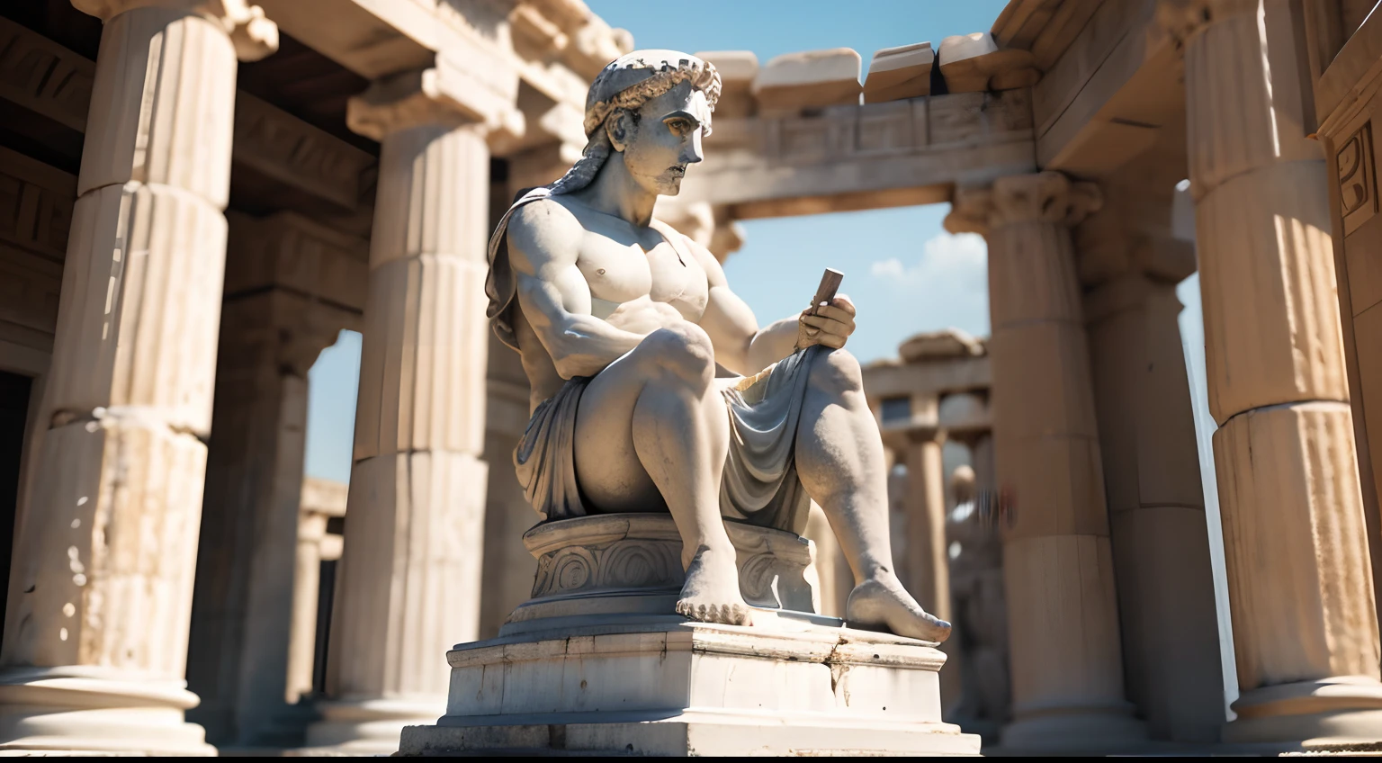 Ancient Greek statue with angry expression, Outside, com rosto extremamente detalhado full body view, Colors with low saturation with dark tone, Filmado em Sony A7S III com Sony FE 35mm f/1.8, 12.1 MP, --AR 3:2 --estilo cru