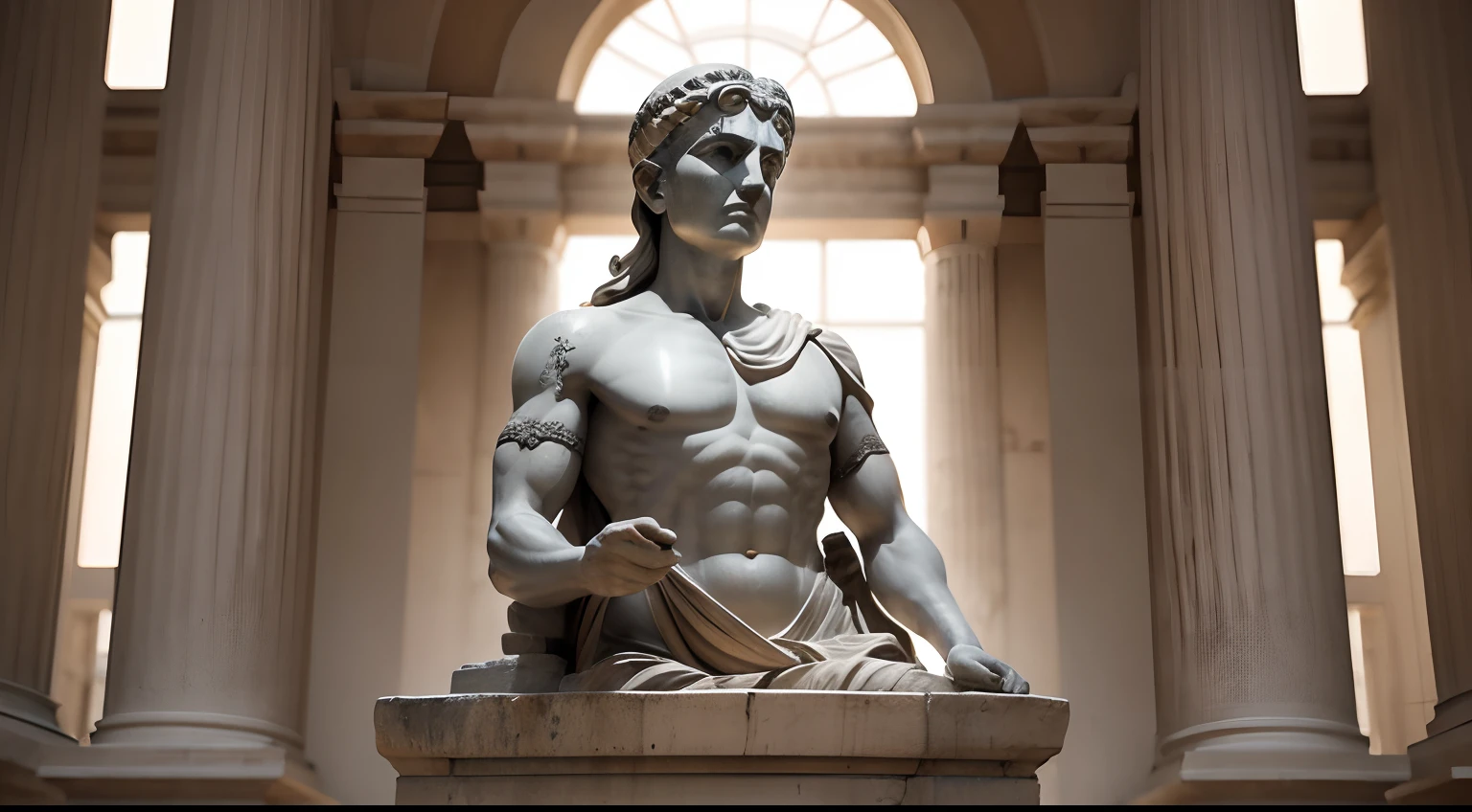 Ancient Greek statue with angry expression, Outside, com rosto extremamente detalhado full body view, Colors with low saturation with dark tone, Filmado em Sony A7S III com Sony FE 35mm f/1.8, 12.1 MP, --AR 3:2 --estilo cru