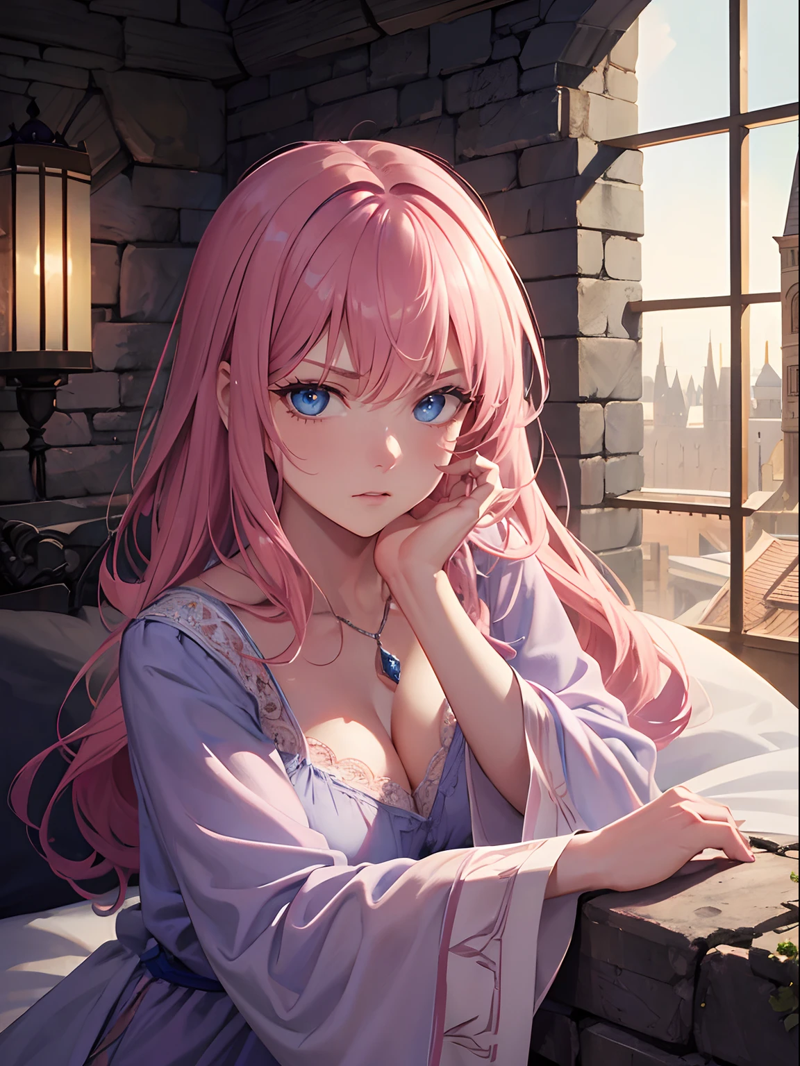 Close up, fantasy world, large stone medieval bedroom, fancy bed, stone brick walls, adult woman, annoyed expression, arrogant personality, long frizzly pink hair, blue eyes, white nightgown