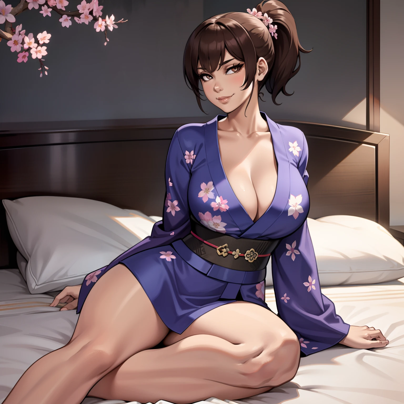 one female with short ponytail brown haircut, has brown eyes, wearing blue cherry blossom kimono, alone, solo, (ALONE)(SOLO), showing cleavage, facing forward, looking at me, looking forward, smirk, showing full legs, looking casual, sitting on bed, large chest
