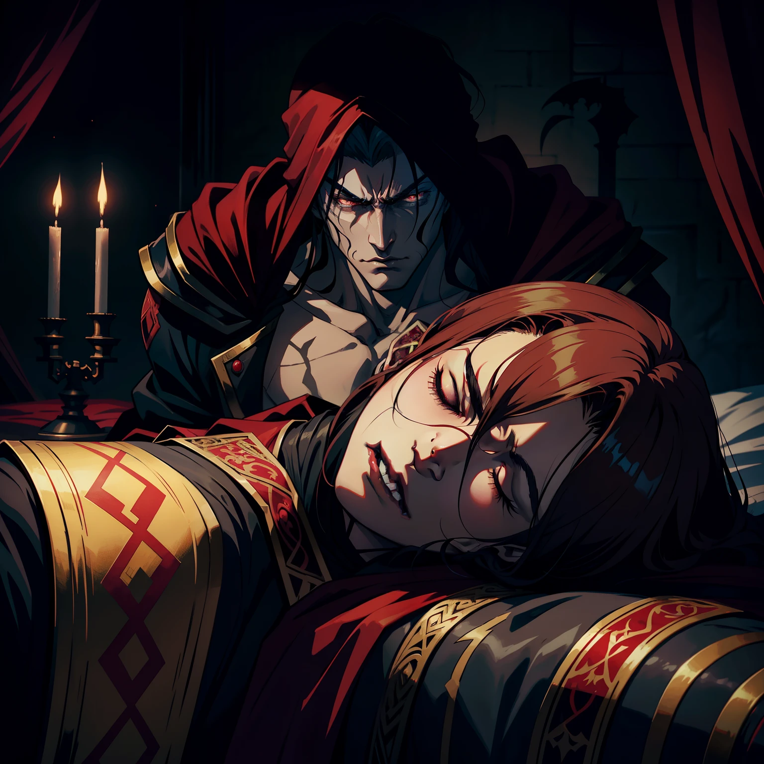 Castlevania Super Realistic Shadow Lord Super Detailed Dynamic shot of Lord Dracula with a red Arabian turban sleeping on his bed anxiously closing his eyes in his bed Hokuto sick no ken kenshiro Scary Face Structure Lord