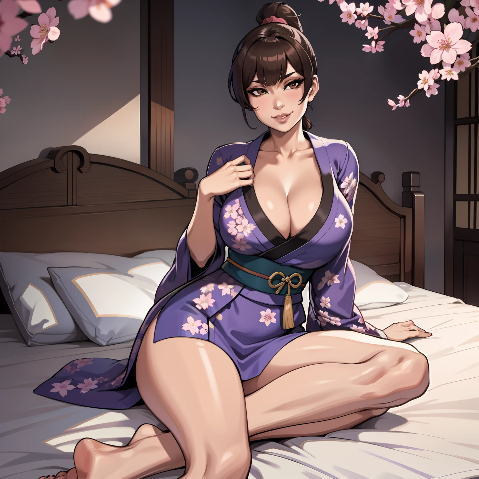 one female with short ponytail brown haircut, has brown eyes, wearing blue cherry blossom kimono, alone, solo, (ALONE)(SOLO), showing cleavage, facing forward, looking at me, looking forward, smirk, showing full legs, looking casual, sitting on bed, large chest
