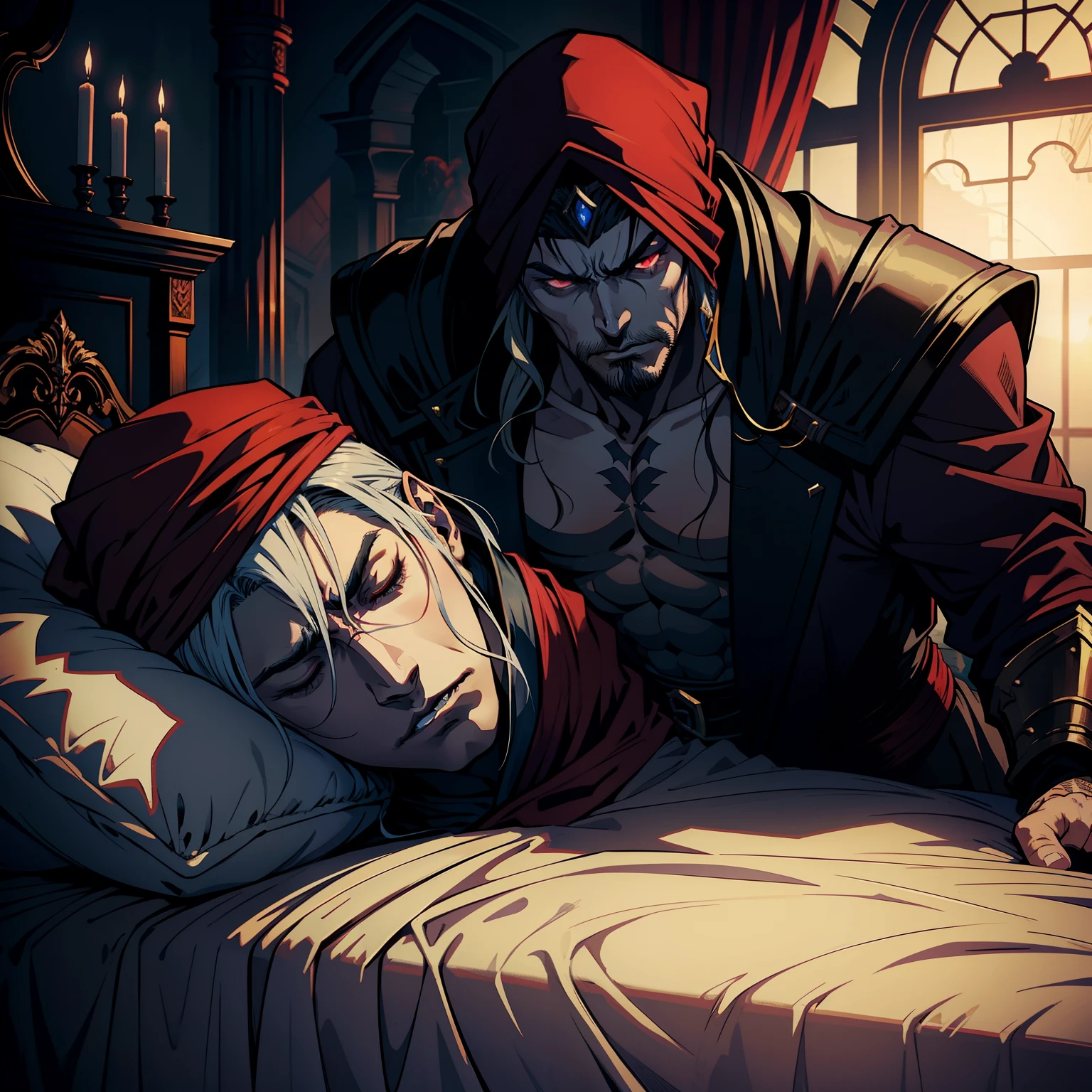 Castlevania Super Realistic Shadow Lord Super Detailed Dynamic shot of Lord Dracula with a red Arabian turban sleeping on his bed anxiously closing his eyes in his bed Hokuto sick no ken kenshiro Scary Face Structure Lord