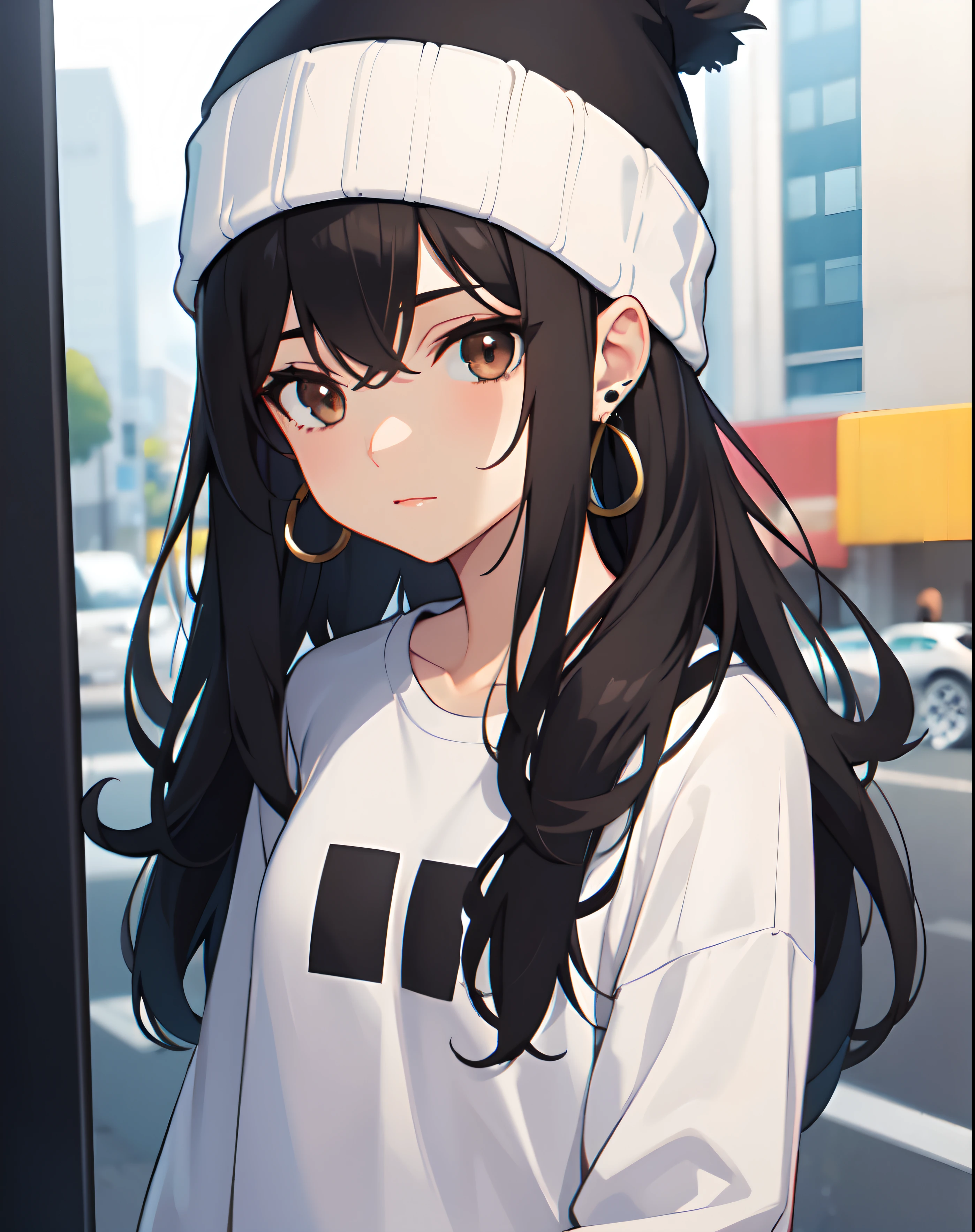 1girl, solo, long hair, black hair, clothes writing, brown eyes, looking at viewer, beanie, lips, upper body, closed mouth, shirt, earrings,