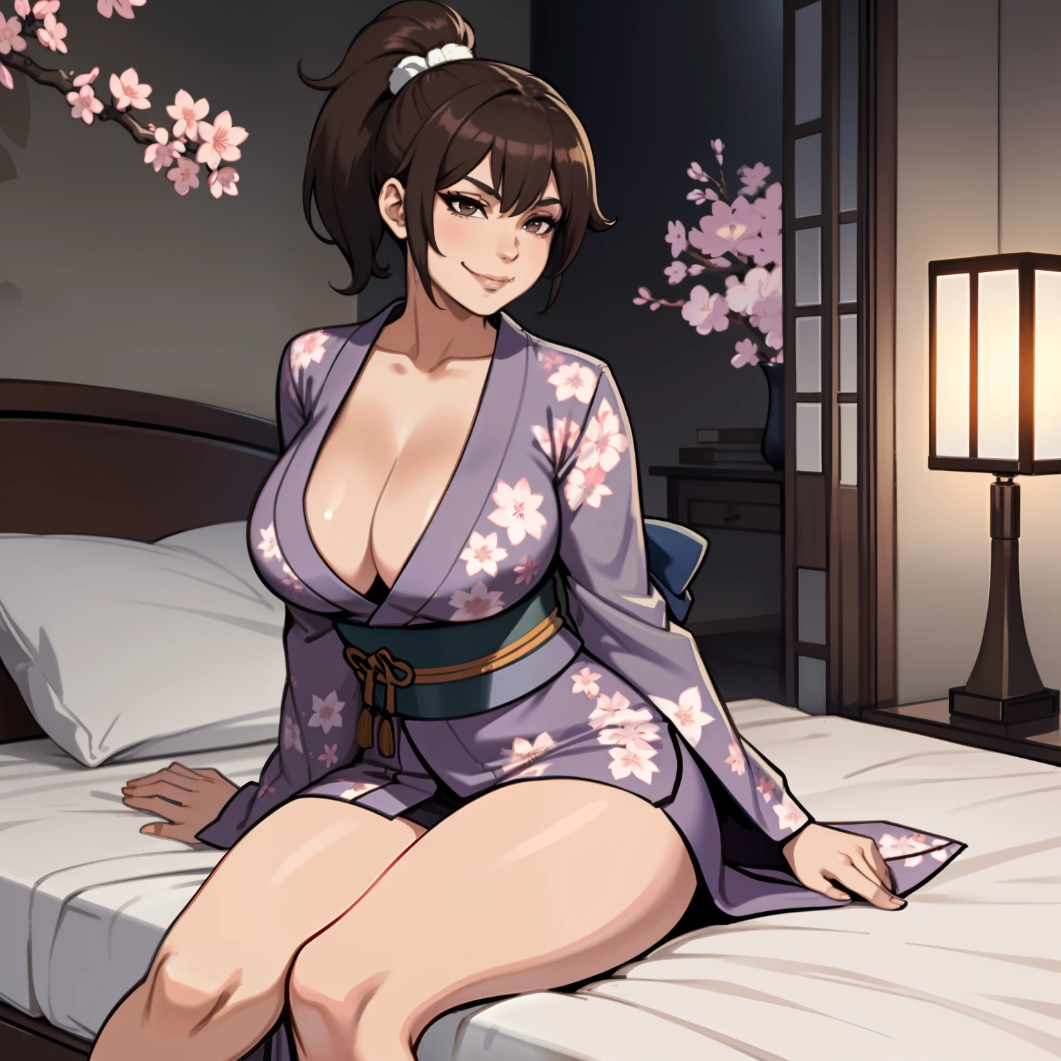 one female with short ponytail brown haircut, has brown eyes, wearing blue cherry blossom kimono, alone, solo, (ALONE)(SOLO), showing cleavage, facing forward, looking at me, looking forward, smirk, showing full legs, looking casual, sitting on bed, large chest