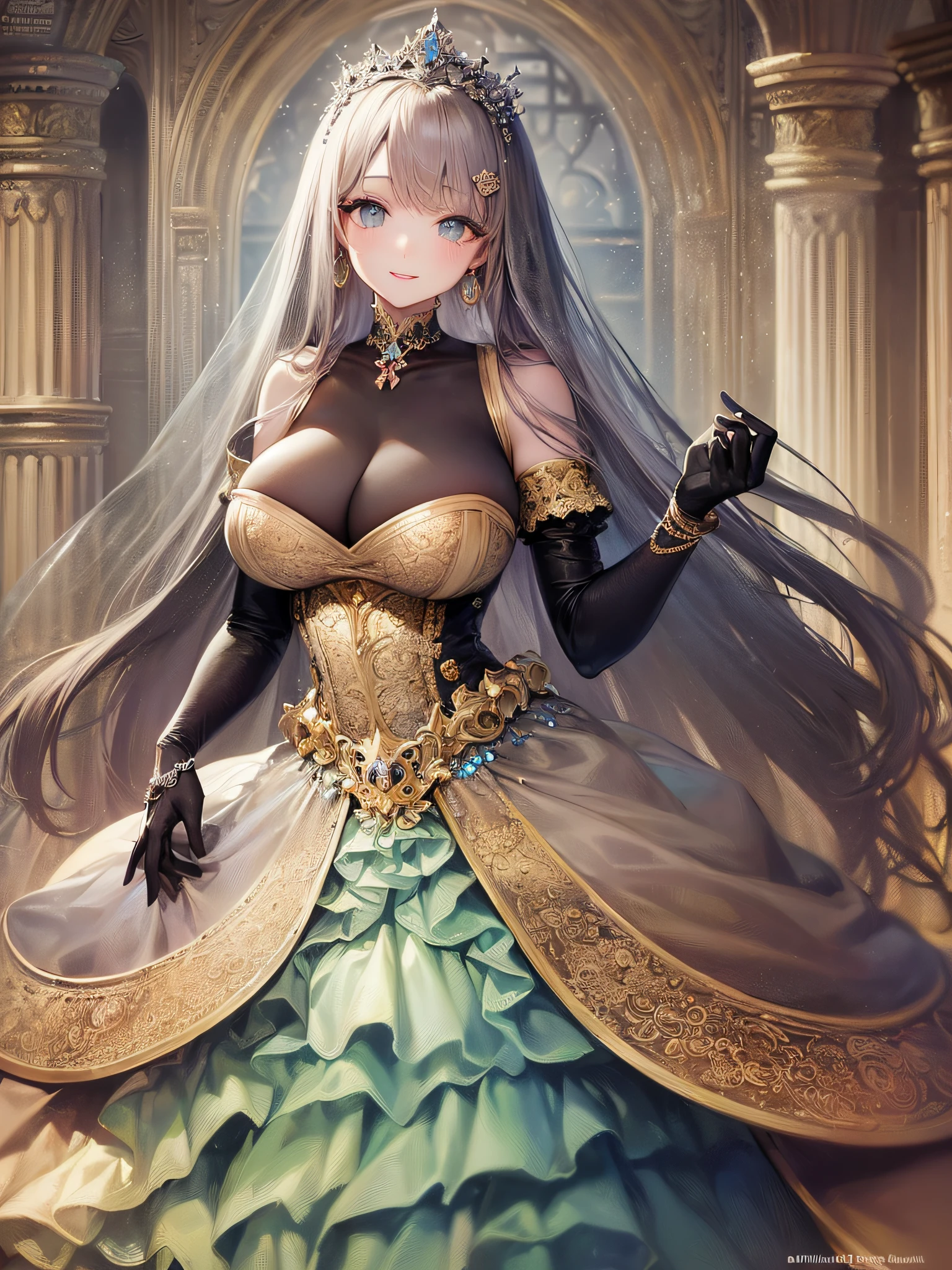 ((anime artstyle)),(Masterpiece),(Best Quality), (Super Detail),(Highly Detailed CG Unity 8k wallpaper),((Very Delicate and Beautiful)),cinematic lighting,1 girl,((full body portrait)),((standing in garden)),((solo)),(((1 fairytale princess in gorgeous embroidery and jeweled extremely gorgeous rococo princess ballgown with voluminous full length hoop skirt))),an hourglass waist,padded and corseted bodice,(((huge crinoline hoopskirt))),long train,((gorgeous embroidery and jeweled)),voluminous frills,See-through,(((extremely gigantic tits,skindentation))),cleavage,((absurdly Long Straight Hair,extremely voluminous Straight long Hair,absurdly Long Straight Hair)),(finely detailed face and eyes),(Blush,Smile),clear pupil,extremely gorgeousfull hair ornament,(bling-bling jeweled extremely gorgeousfull tiara),((bling-bling gorgeous gemstone jewelry)),gorgeous long veil,((ultra long gloves)),(beautiful background),(full body),((gorgeous embroidery and jeweled extremely gorgeous rococo princess ballgown with voluminous full length hoop skirt))