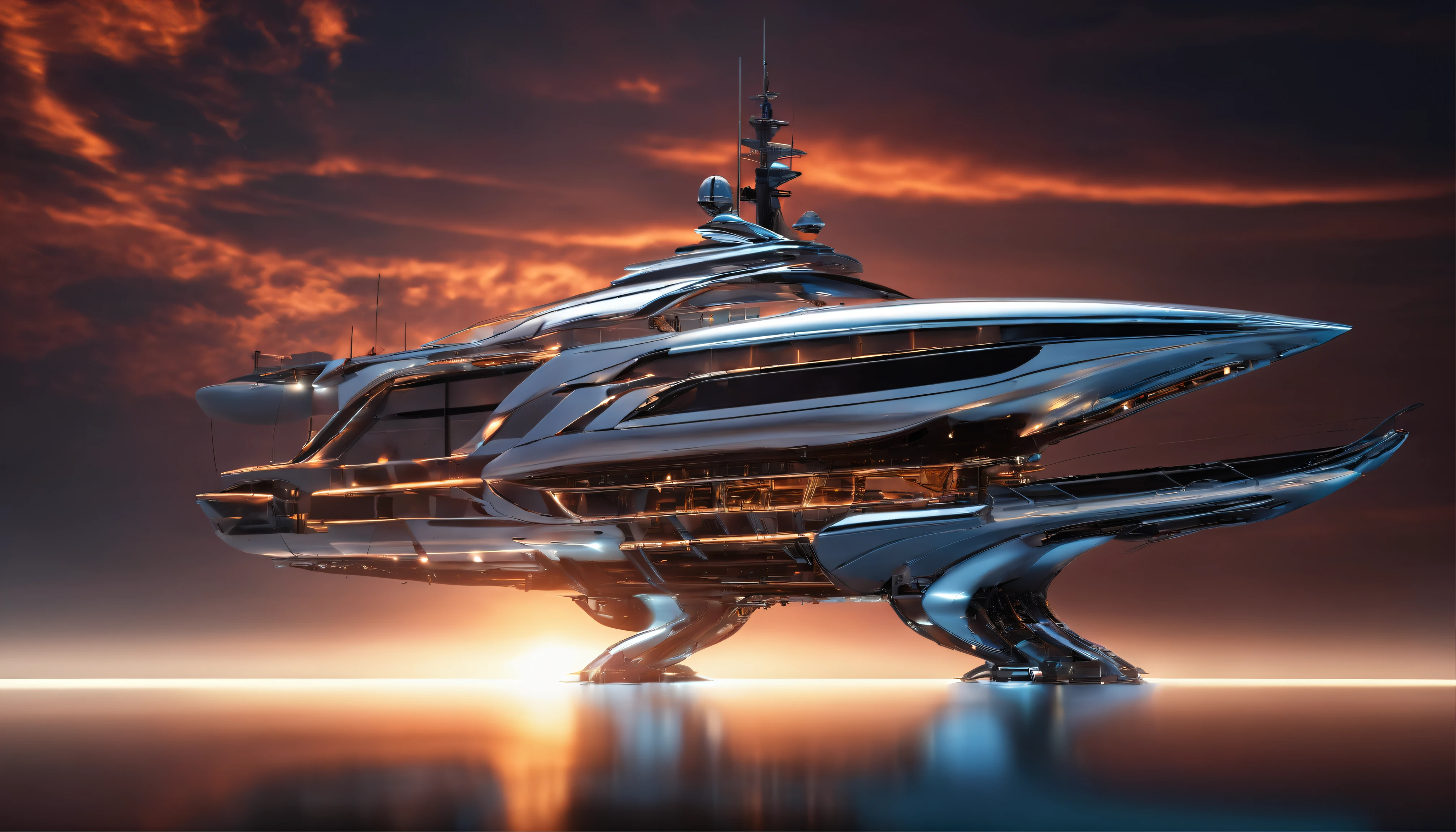 Craft an awe-inspiring photograph of a futuristic luxury yacht captured from underwater, showcasing its elegance and power at sunset. Utilize underwater photography techniques, with the yacht's silhouette against the fiery horizon, inspired by the style of David Doubilet.