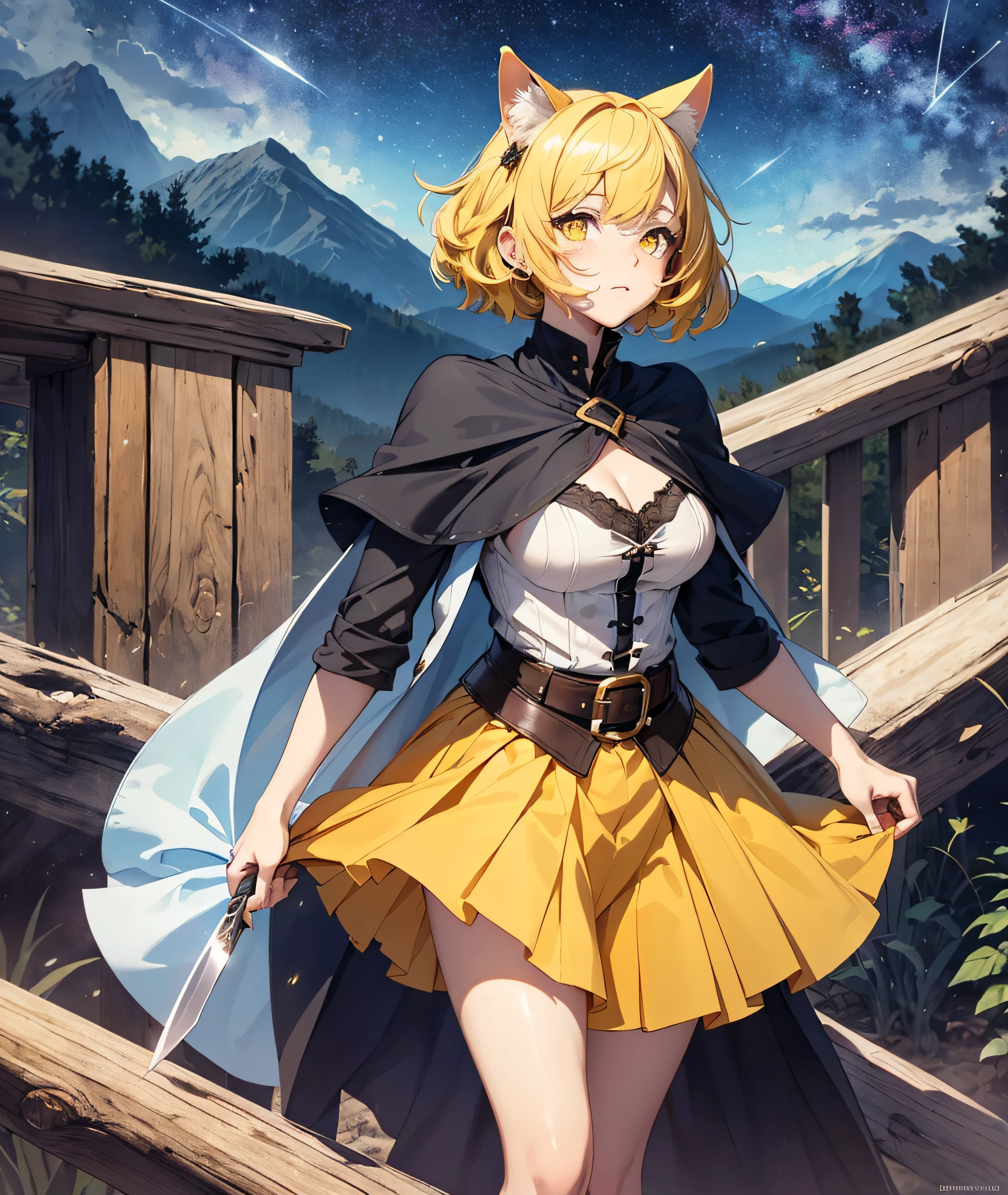 Beautiful detailed girl, Clear and beautiful, Character as the main point of view, radiant skin, girls, femele, young, 20yo, bobbed hair, Short Cut, short-hair, Beautiful detail glass hair, ((Medieval European yellow doubles))Beautiful details, cold face, cold expression, beautiful-detailed eyes, Yellow pupils, Moderate chest, Yellow eyes, Full-fledged skin texture, Very good 8KCG wallpapers, very fine 8K CG wallpaper, watercolor (medium), female warrior, Yellow hair, (((Full-body cut))), Cat's ears, Long knives, ((Medieval European costume color white, Yellow Mix)), Short skirt length, The skirt side part length is long, Skirt side pattern, Skirt back slit, Short on the back of the skirt, Long knives, Traditional sword, Wielding, Attacking Posture, Levitation, (((s whole body))), Show your whole body, (((dark, Dark Night, Deep Night))) ((Sky color: dark blue)) (((Natural Background, mountains, wood))), ((plein air))