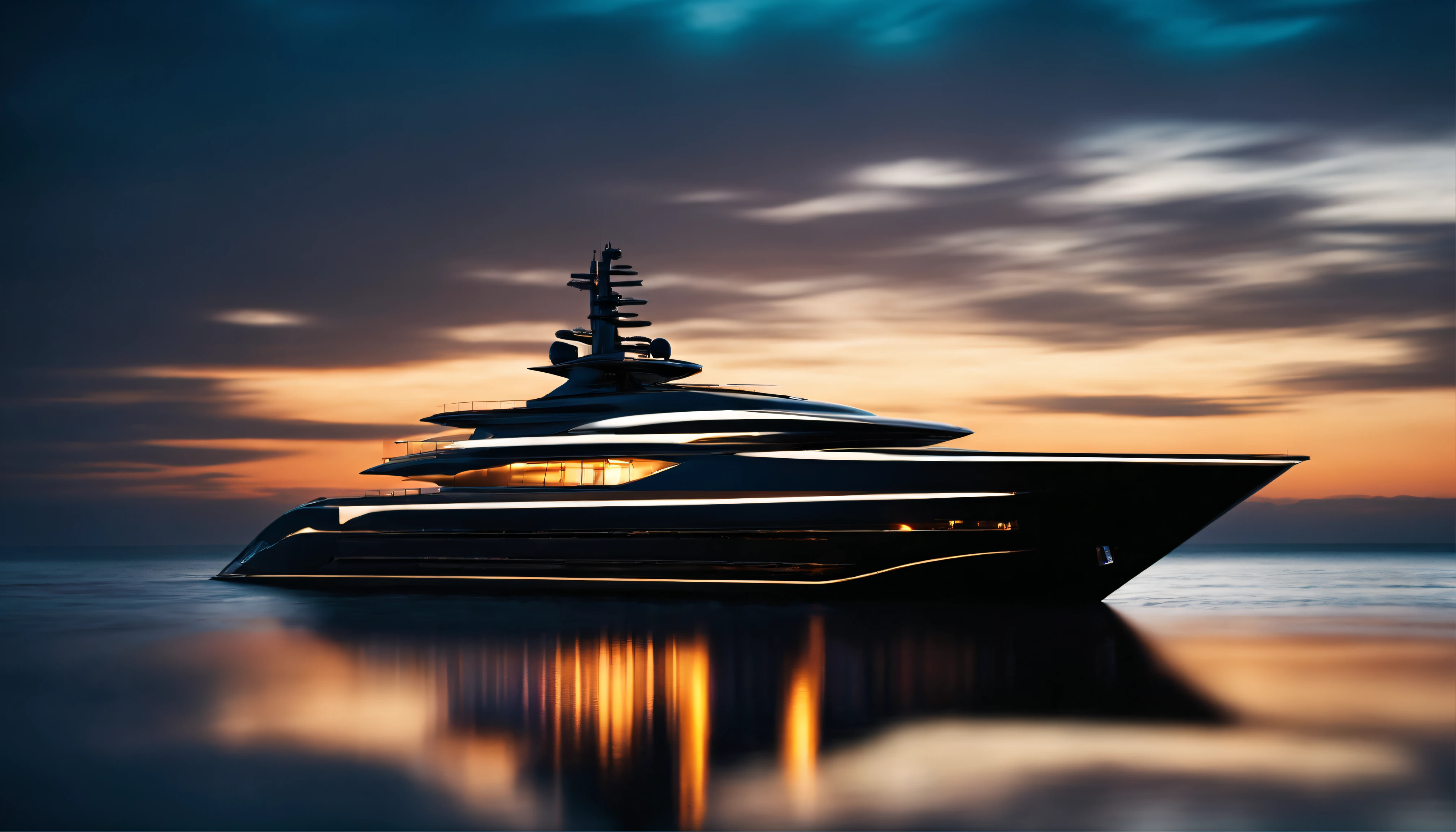 Craft an awe-inspiring photograph of a futuristic luxury yacht captured from underwater, showcasing its elegance and power at sunset. Utilize underwater photography techniques, with the yacht's silhouette against the fiery horizon, inspired by the style of David Doubilet.