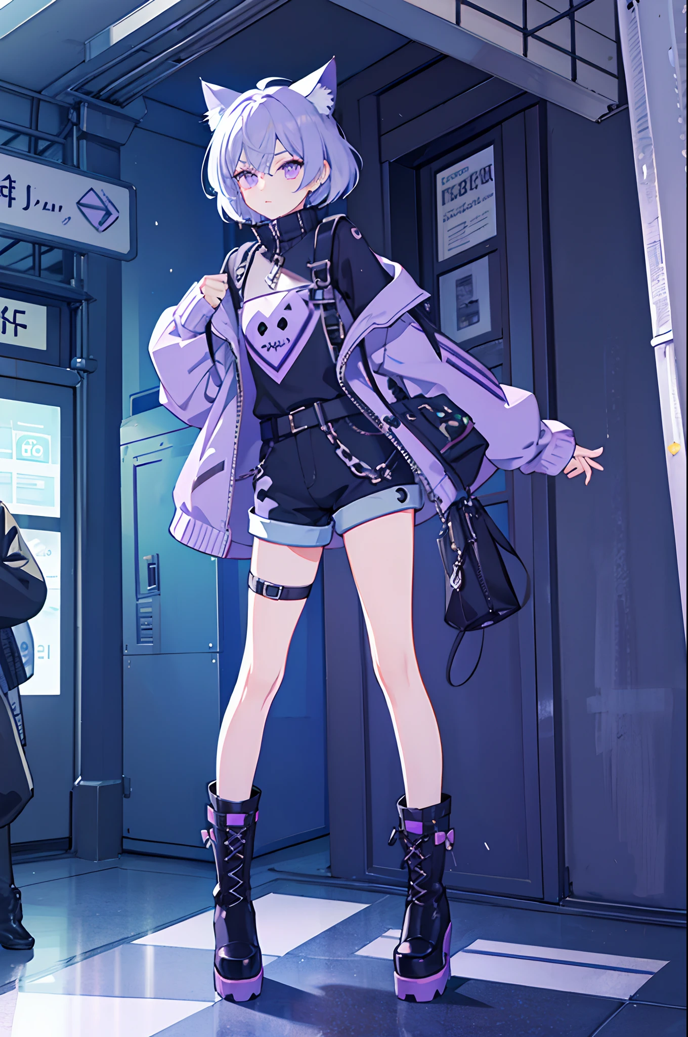 cute pastel goth boy, many accessories, keychains, charms, subway station, short shorts, boots, oversized sweater, 1boy, solo male, lavender hair, cat ears, bubbly, very short male hair, gothic, fun, running