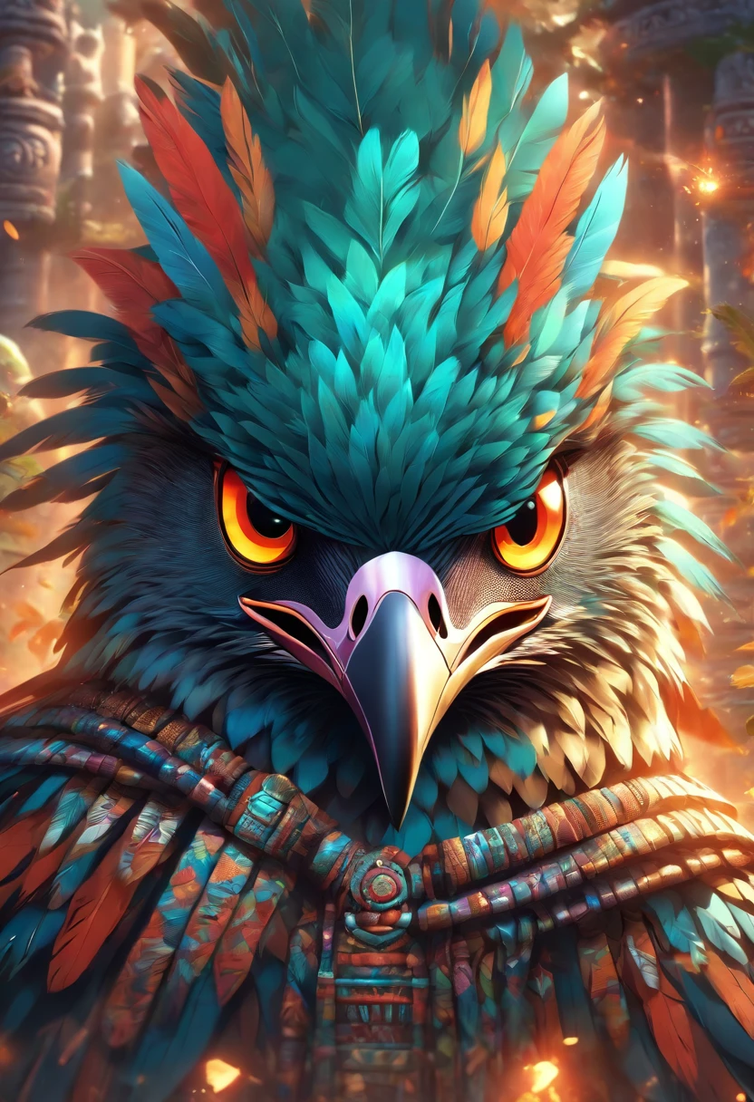 (((Bird Head))) best quality, ultra-high resolution, 4K detailed CG, master piece, Vucub Caquix, Mayan clothing, Mayan mythology, Mexico, aesthetics, ((Mayan Bird)), Beautiful image, centered on screen