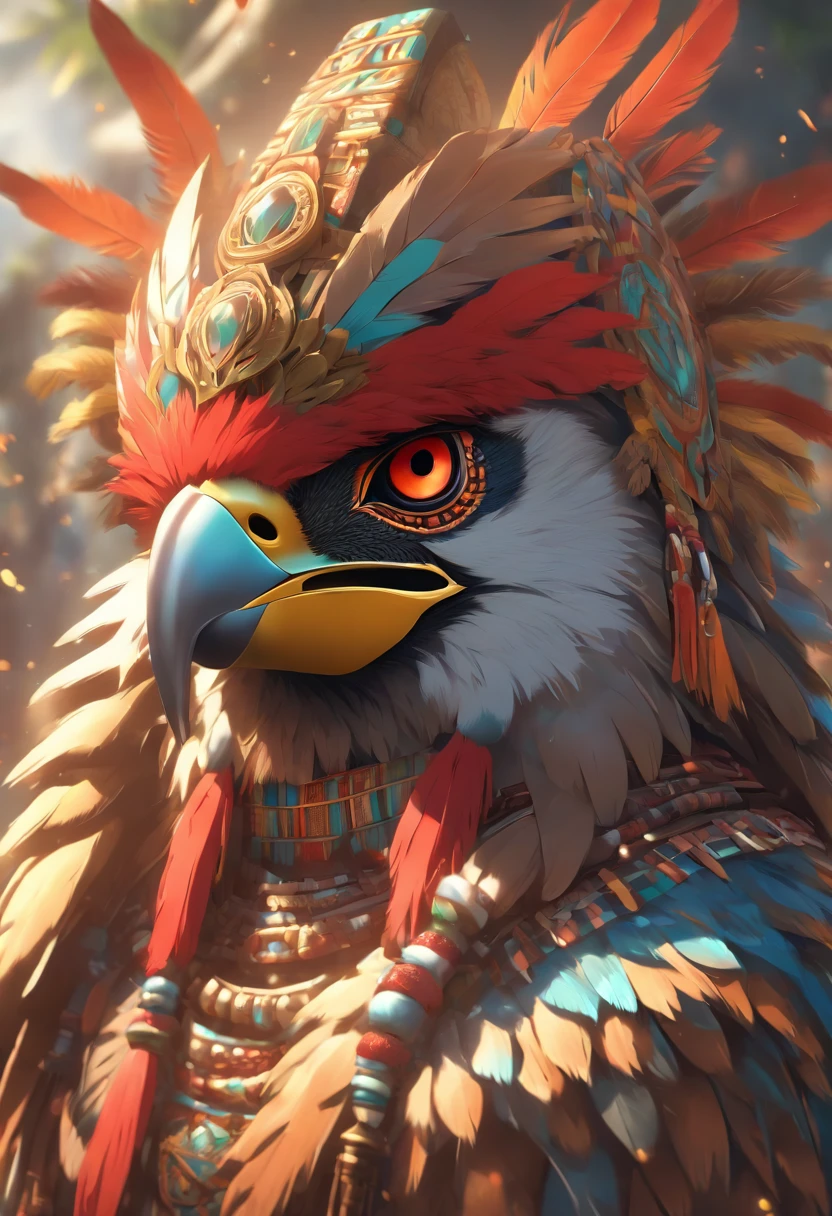 (((Bird Head))) best quality, ultra-high resolution, 4K detailed CG, master piece, Vucub Caquix, Mayan clothing, Mayan mythology, Mexico, aesthetics, ((Bird helmet)), Beautiful image, centered on screen