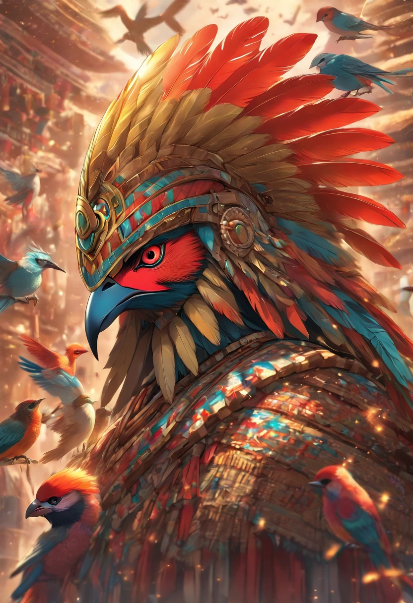 (((Bird Head))) best quality, ultra-high resolution, 4K detailed CG, master piece, Vucub Caquix, Mayan clothing, Mayan mythology, Mexico, aesthetics, ((Bird helmet)), Beautiful image, centered on screen