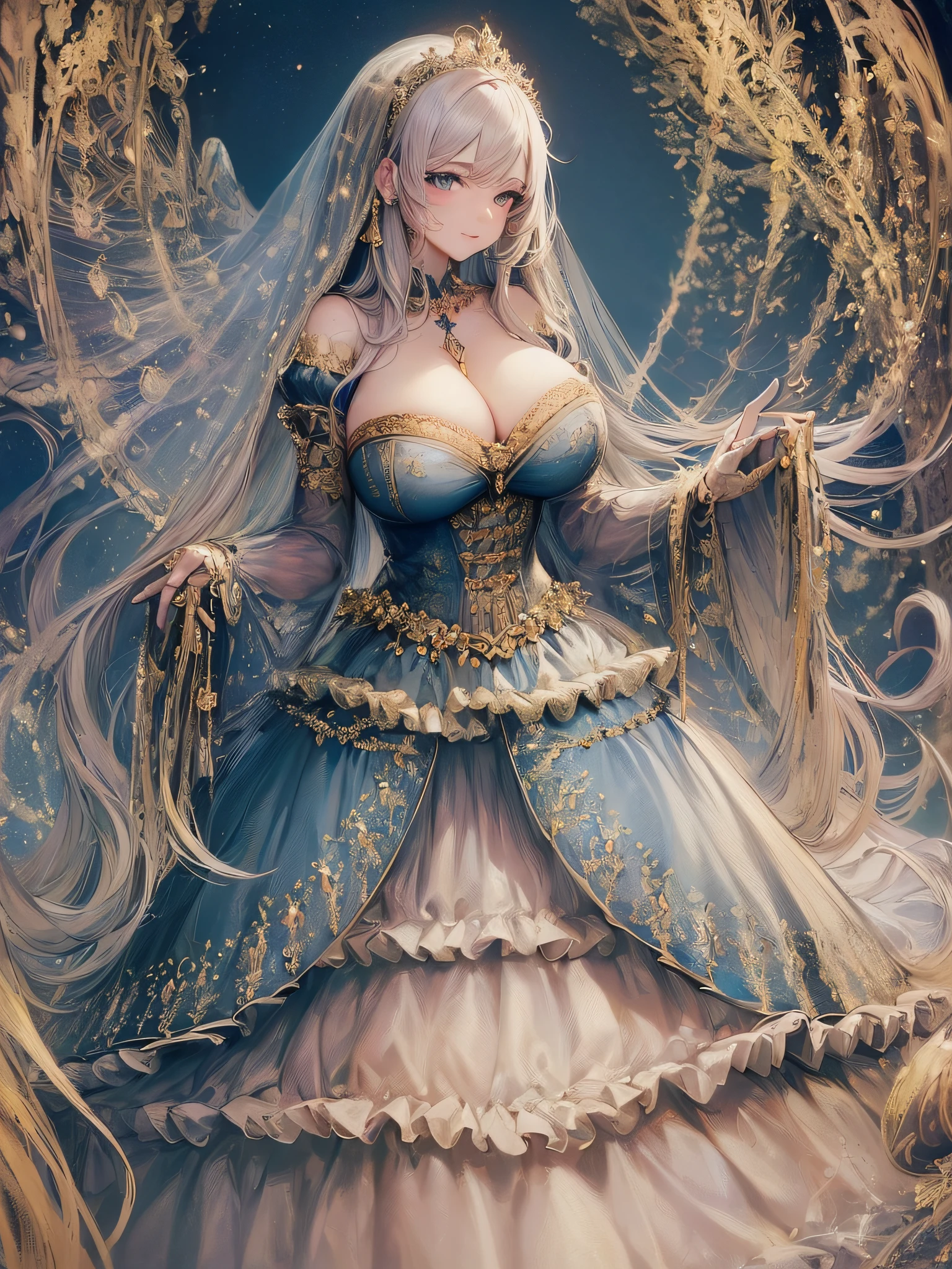 ((anime artstyle)),(Masterpiece),(Best Quality), (Super Detail),(Highly Detailed CG Unity 8k wallpaper),((Very Delicate and Beautiful)),cinematic lighting,1 girl,((full body portrait)),((standing in garden)),((solo)),(((1 fairytale princess in gorgeous embroidery and jeweled extremely gorgeous rococo princess ballgown with voluminous full length hoop skirt))),an hourglass waist,padded and corseted bodice,(((huge crinoline hoopskirt))),long train,((gorgeous embroidery and jeweled)),voluminous frills,See-through,(((extremely gigantic tits,skindentation))),cleavage,((absurdly Long Straight Hair,extremely voluminous Straight long Hair,absurdly Long Straight Hair)),(finely detailed face and eyes),(Blush,Smile),clear pupil,extremely gorgeousfull hair ornament,(bling-bling jeweled extremely gorgeousfull tiara),((bling-bling gorgeous gemstone jewelry)),gorgeous long veil,((ultra long gloves)),(beautiful background),(full body),((gorgeous embroidery and jeweled extremely gorgeous rococo princess ballgown with voluminous full length hoop skirt))