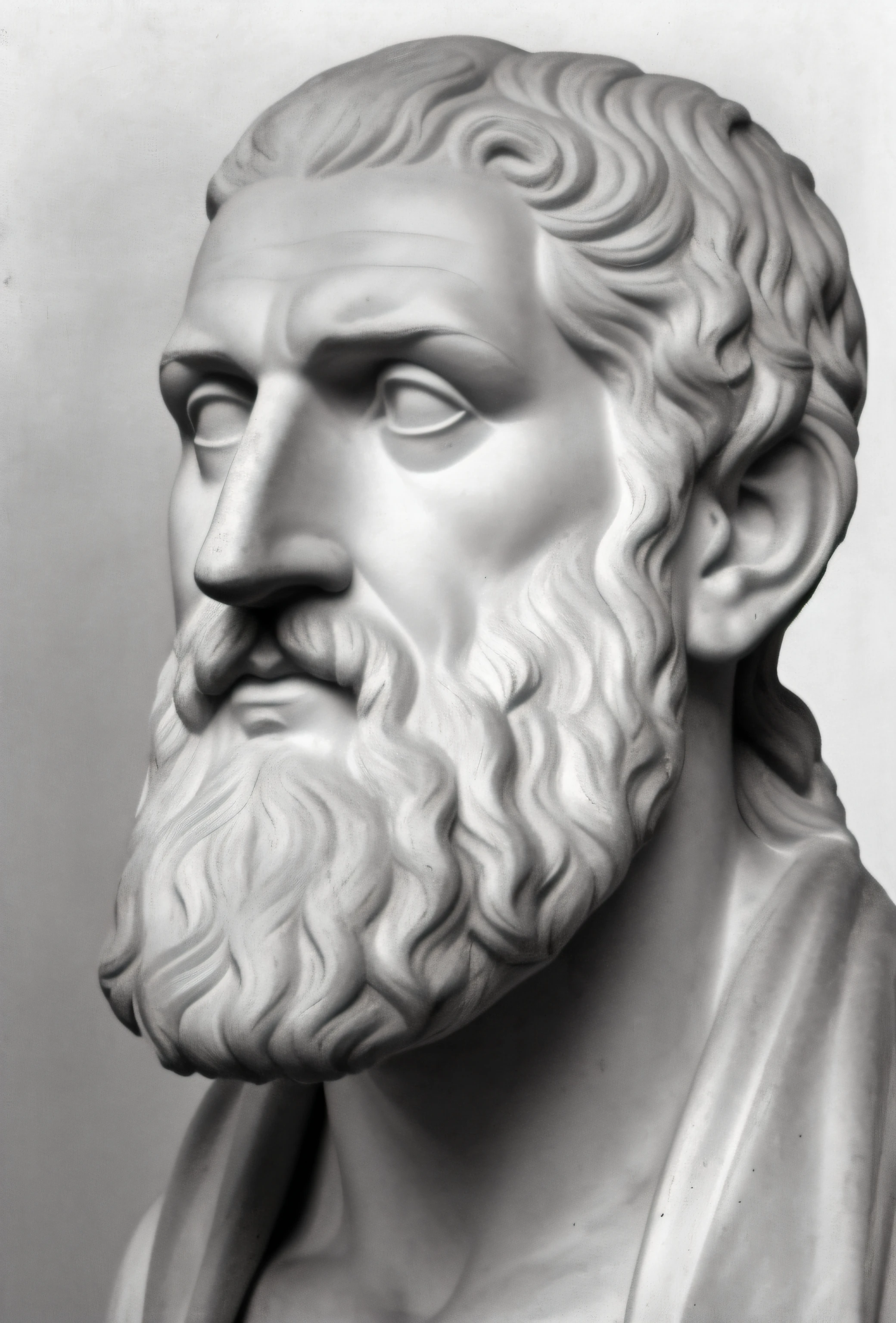 uma foto em preto e branco de um busto de um homem com barba, eStoic face, eStoic facial expression, Estoicismo, Retrato Zeus, theophanes, divino e estoico, stoic, estoico and calm, Stoic attitude, um antigo rosto barbudo masculino, inspired by Nicomachus of Thebes, Pose estoica, Zeus