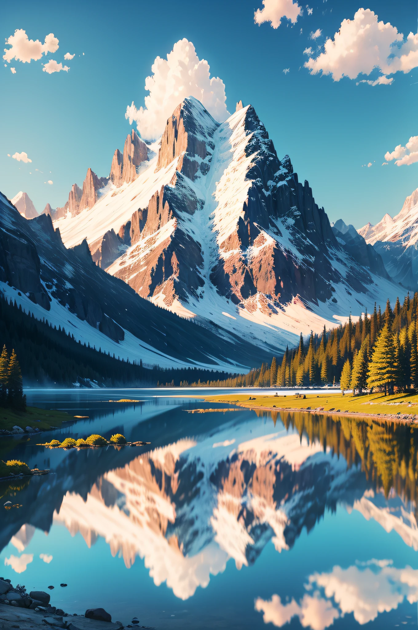 create a landscape, mountains, lakes, trees, impressionism (best quality), (best illustration)