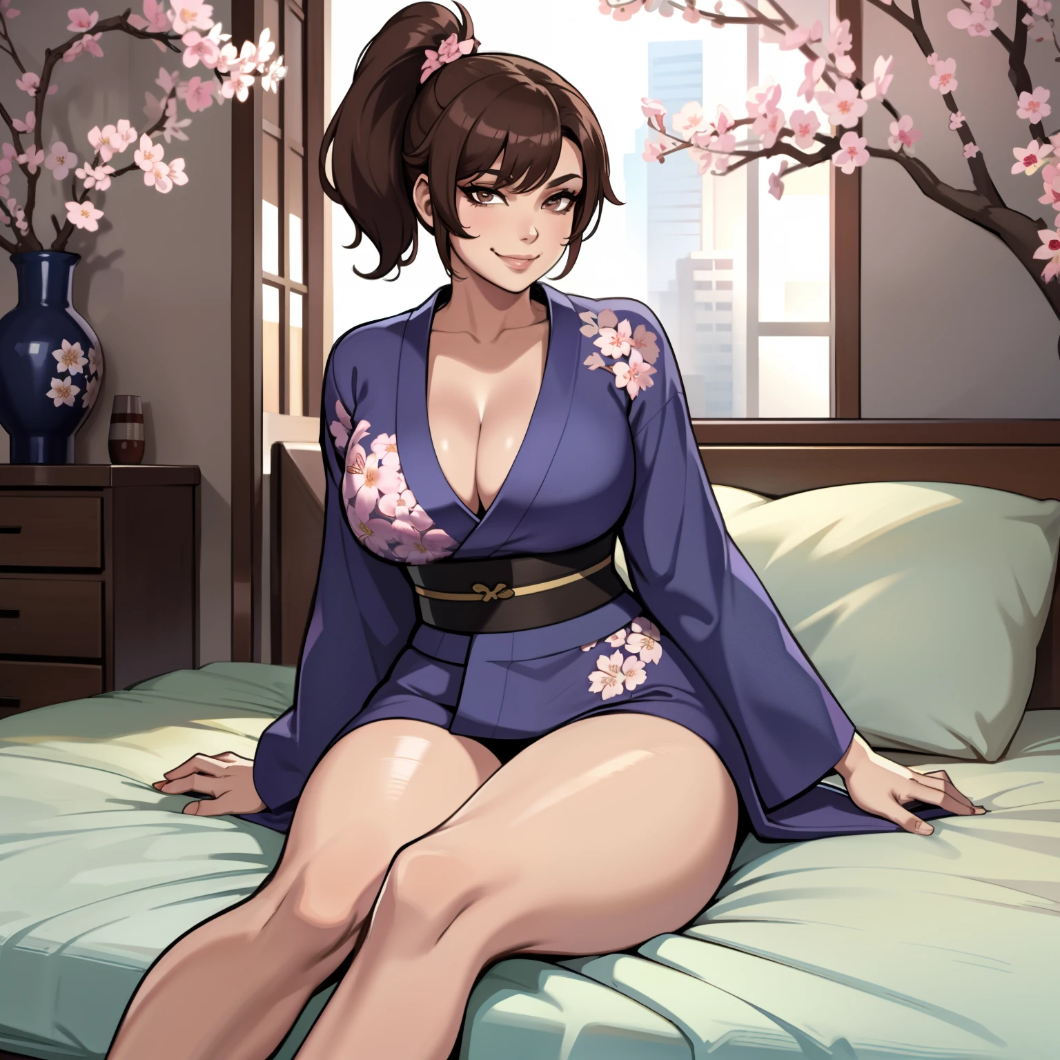 one female with short ponytail brown haircut, has brown eyes, wearing blue cherry blossom kimono, alone, solo, (ALONE)(SOLO), showing cleavage, facing forward, looking at me, looking forward, smirk, showing full legs, looking casual, sitting on bed, large chest