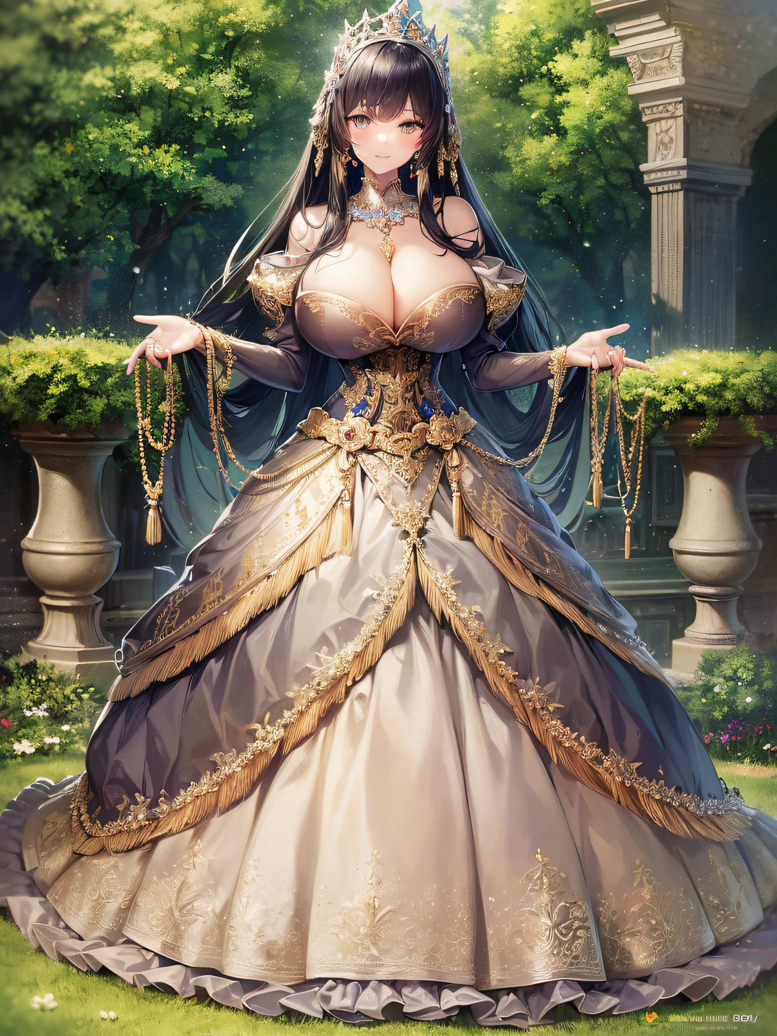 ((anime artstyle)),(Masterpiece),(Best Quality), (Super Detail),(Highly Detailed CG Unity 8k wallpaper),((Very Delicate and Beautiful)),cinematic lighting,1 girl,((full body portrait)),((standing in garden)),((solo)),(((1 fairytale princess in gorgeous embroidery and jeweled extremely gorgeous rococo princess ballgown with voluminous full length hoop skirt))),an hourglass waist,padded and corseted bodice,(((huge crinoline hoopskirt))),long train,((gorgeous embroidery and jeweled)),voluminous frills,See-through,(((extremely gigantic tits,skindentation))),cleavage,((absurdly Long Straight Hair,extremely voluminous Straight long Hair,absurdly Long Straight Hair)),(finely detailed face and eyes),(Blush,Smile),clear pupil,extremely gorgeousfull hair ornament,(bling-bling jeweled extremely gorgeousfull tiara),((bling-bling gorgeous gemstone jewelry)),gorgeous long veil,((ultra long gloves)),(beautiful background),(full body),((gorgeous embroidery and jeweled extremely gorgeous rococo princess ballgown with voluminous full length hoop skirt))