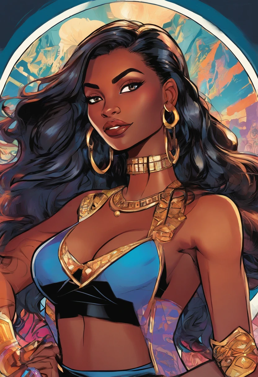 masterpiece, best quality, {best quality}, {{masterpiece}}, {highres}, focus, anime style, a closeup of a cartoon dark skin woman, girl design, portrait, anime image, long hair, black hair streaks, scarlet red , straight eyes, polished and powerful look, exotic, tall, freckles, cheerful, casual chic clothing, colorful, colors