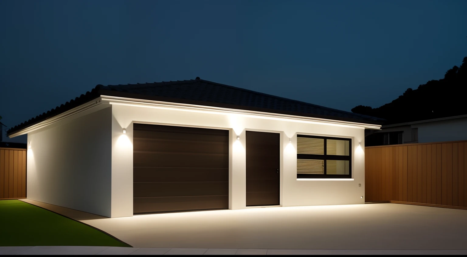 Northeast South-West View,casa pequena, ((Estilo moderno)), garagem, porta, janela e um gramado verde, Modern setting, Obra-prima premiada, crisp smooth clean lines, Minimalismo elegante, majestosa obra-prima, renderizado, iluminado, night ligthning, Design moderno, Detalhe poderoso, outside lighting, Obra-prima premiada, night time render, Ultra moderno, night time, Night lighting, crisp smooth lines, Estilo moderno, Linhas deslumbrantes