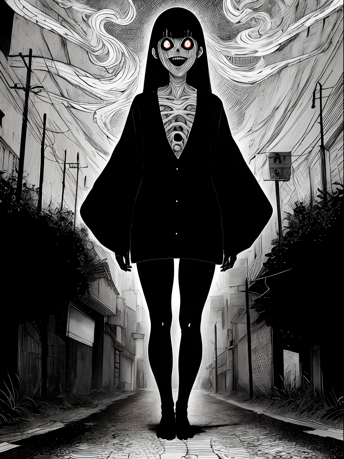 (Junji Ito:1.5), detailed black and white manga line art illustration of grotesque creepy girl, ((standing in street of warped surreal city)), (warped surreal city in background), ((full body shot)), fractal art, scared, horrified, terrified, insane, creepy, unsettling, disturbing, body horror, (horror manga style), twisted, warped, psychological horror, grotesque, morbid, surreal,
