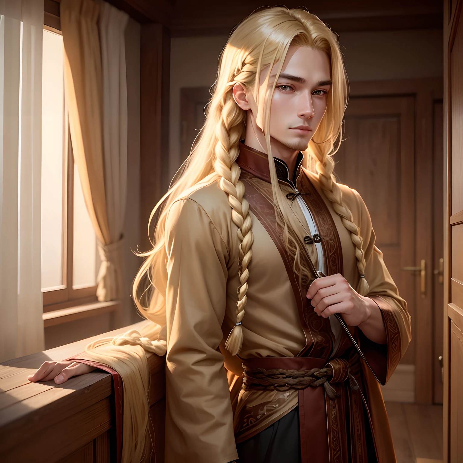 Blonde, amber or brown eyes, handsome, long blonde hair in a braid, East Asian, male, slightly muscular, curtain bangs, side part