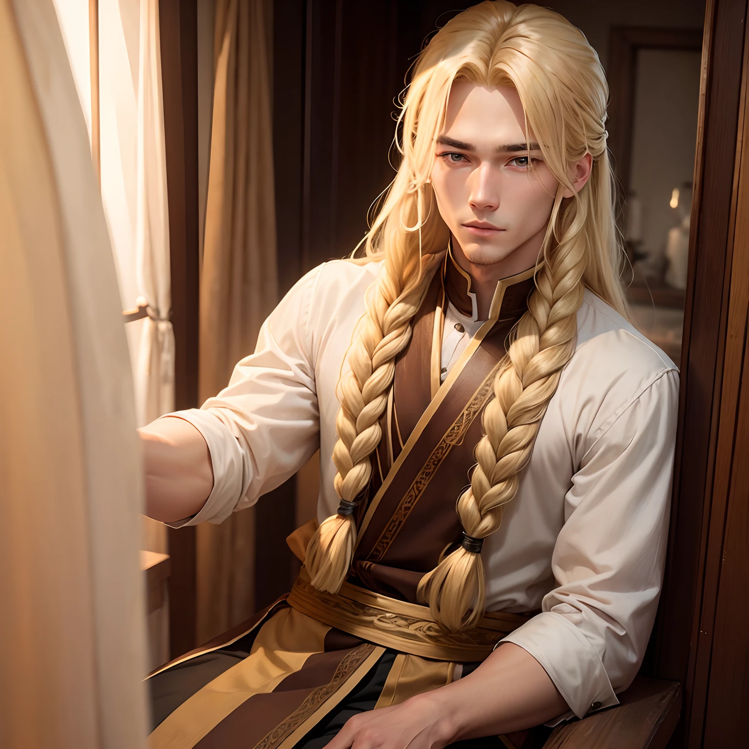 Blonde, amber or brown eyes, handsome, long blonde hair in a braid, East Asian, male, slightly muscular, curtain bangs, side part