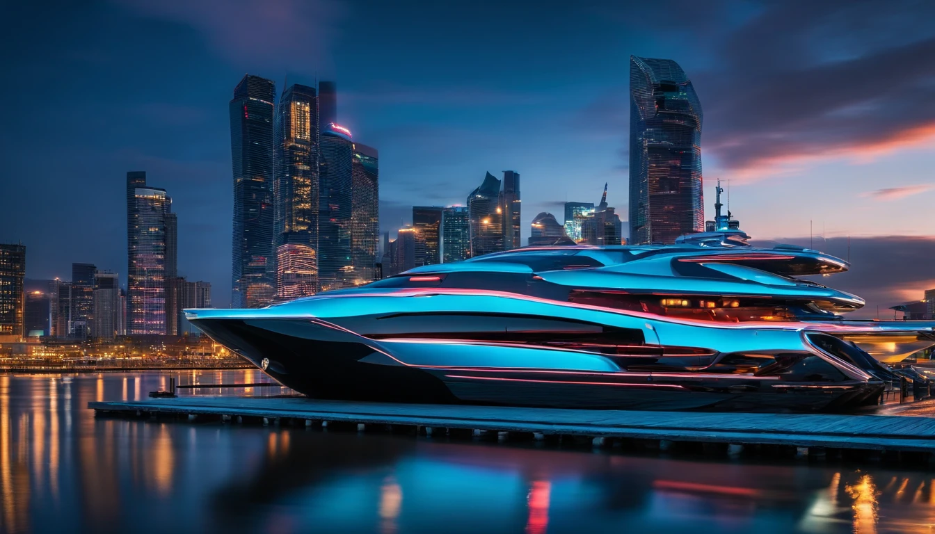 Create an award-winning image of a futuristic luxury yacht docked at a vibrant, bustling harbor during the blue hour. The city lights reflected on the water, combined with long-exposure photography, should capture the style of Michael Kenna.