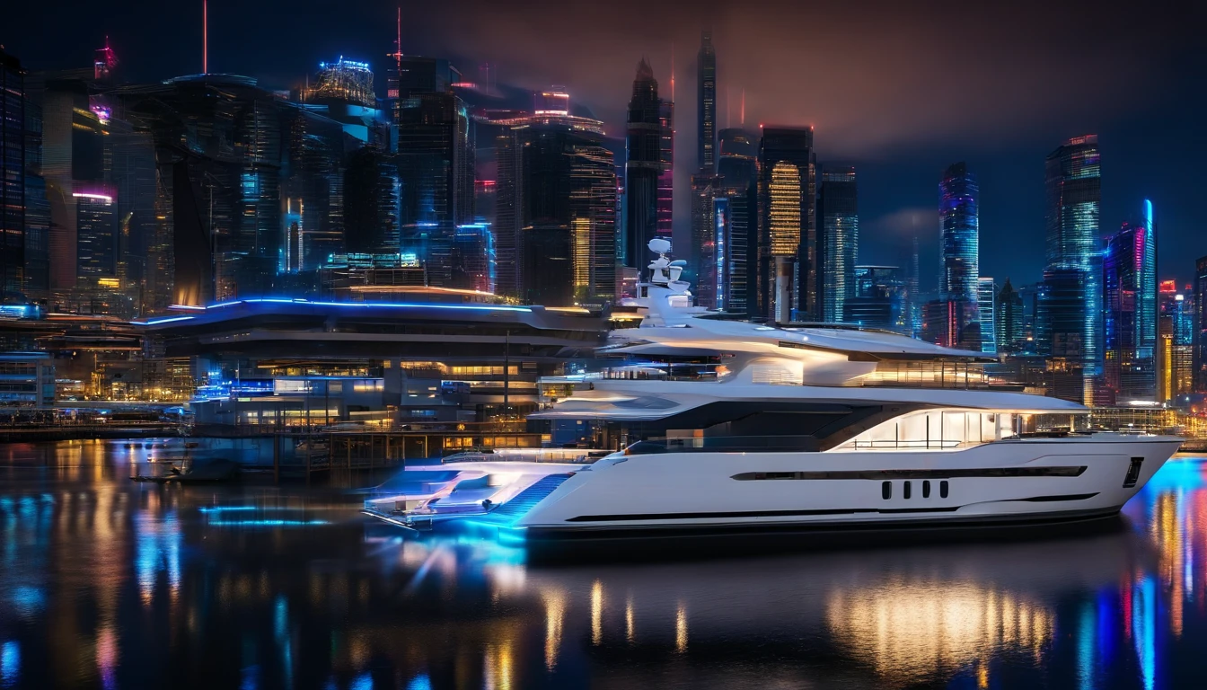Create an award-winning image of a futuristic luxury yacht docked at a vibrant, bustling harbor during the blue hour. The city lights reflected on the water, combined with long-exposure photography, should capture the style of Michael Kenna.