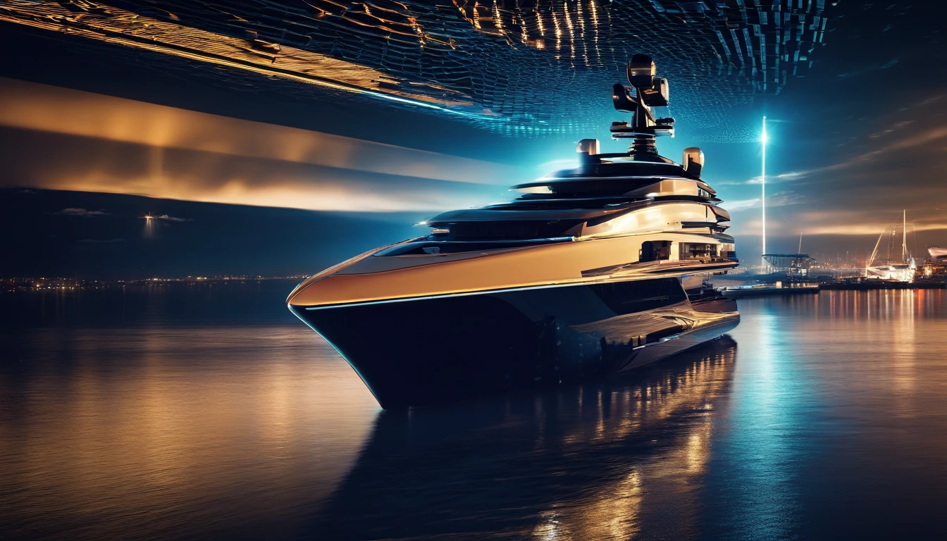 Create an award-winning image of a futuristic luxury yacht docked at a vibrant, bustling harbor during the blue hour. The city lights reflected on the water, combined with long-exposure photography, should capture the style of Michael Kenna.
