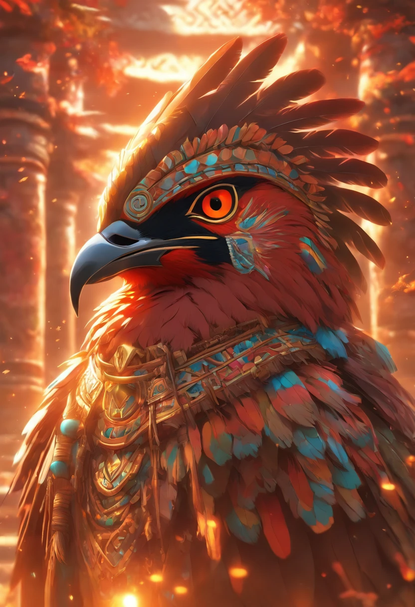 (((Bird Head))) best quality, ultra-high resolution, 4K detailed CG, master piece, Vucub Caquix, Mayan clothing,sun glare, Mayan mythology, Mexico, aesthetics, ((Bird helmet)), Beautiful image, centered on the screen