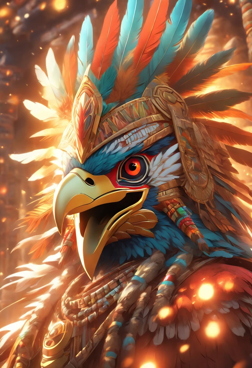 (((Bird Head))) best quality, ultra-high resolution, 4K detailed CG, master piece, Vucub Caquix, Mayan clothing,sun glare, Mayan mythology, Mexico, aesthetics, ((Bird helmet)), Beautiful image, centered on the screen