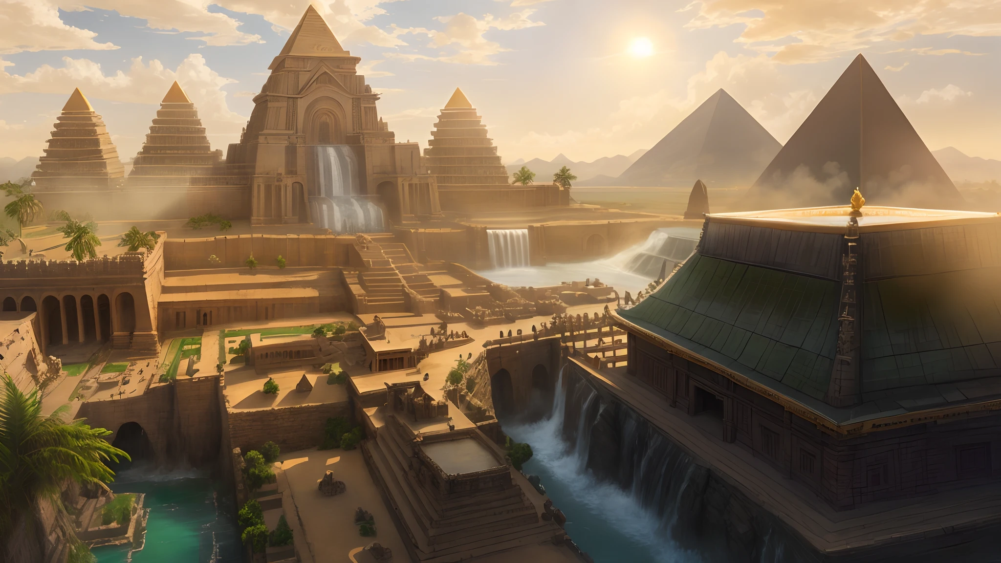 Masterpiece, best quality, very detailed ancient city with golden super shiny pyramids and ancient temples, huge statues, green palm trees, the Sun shines bright, waterfalls